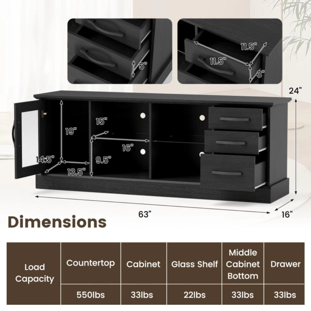 Hivvago 63 Inches Media Console Table With 3 Drawers And 2 Glass Shelves