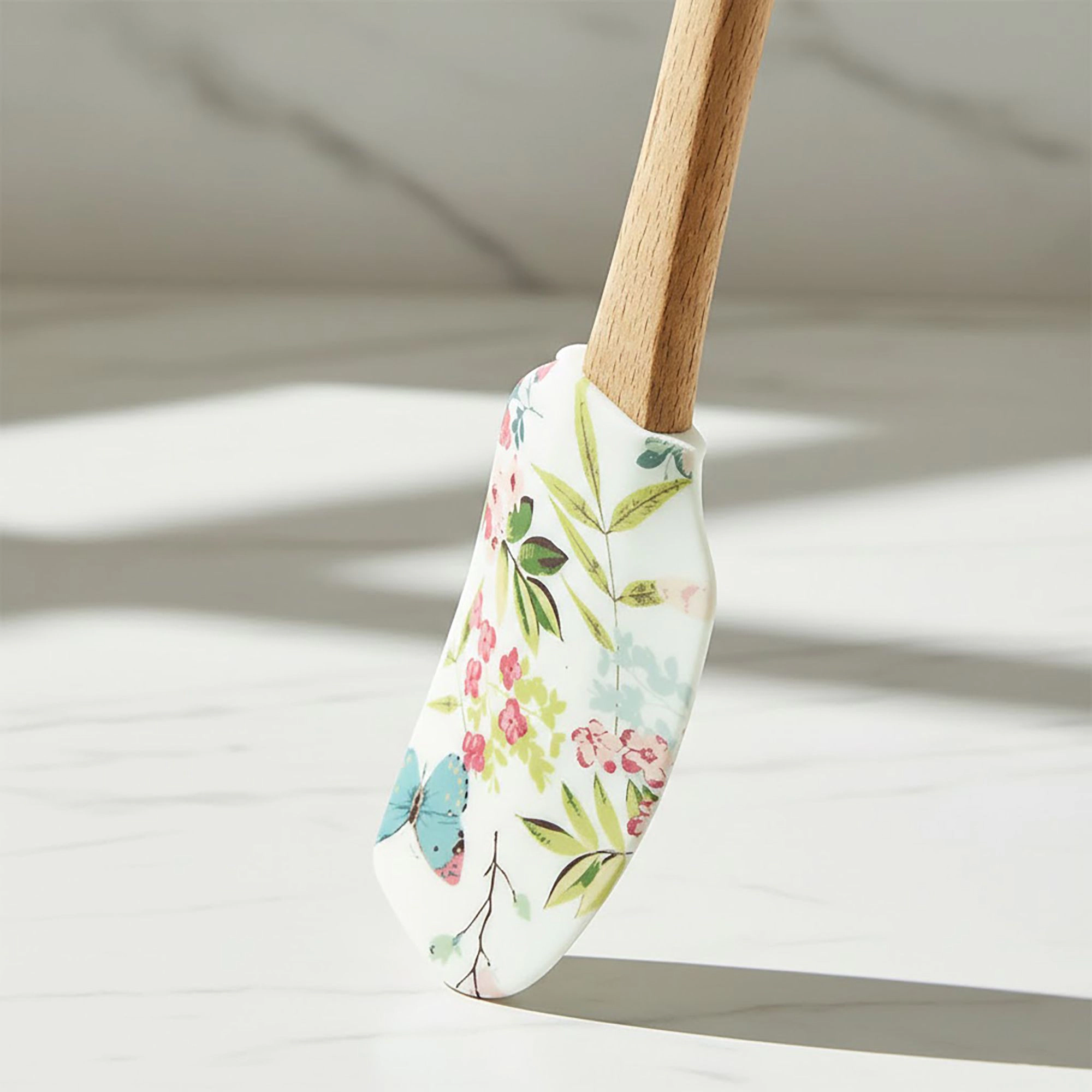 Alilang Unisex Silicone Spatula Set Butterfly Floral Print Wooden Handle Heat Resistant Baking Mixing Tools 2 Piece