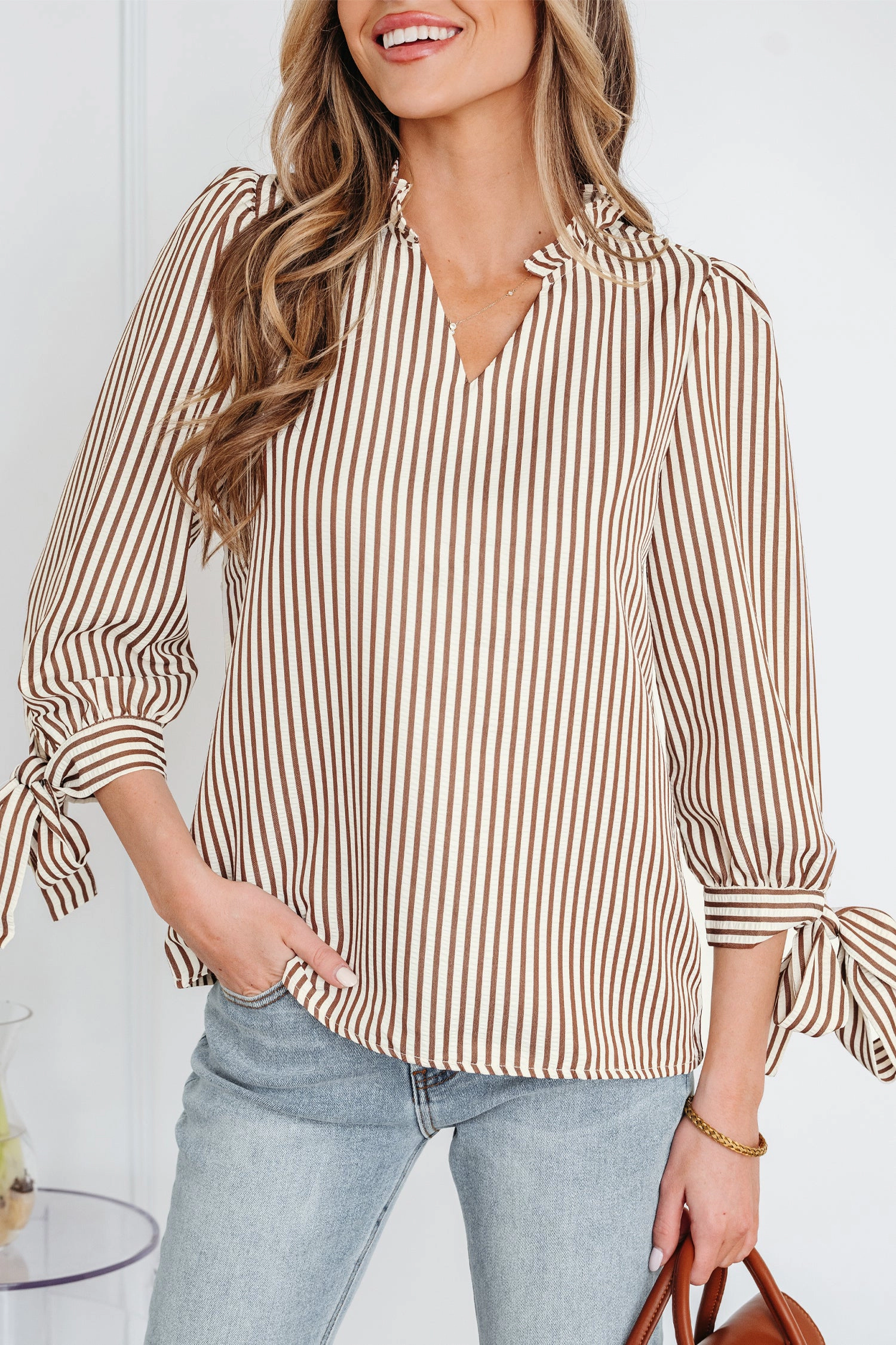Threaded Pear Women's Blair Tied Cuffs Seersucker Blouse