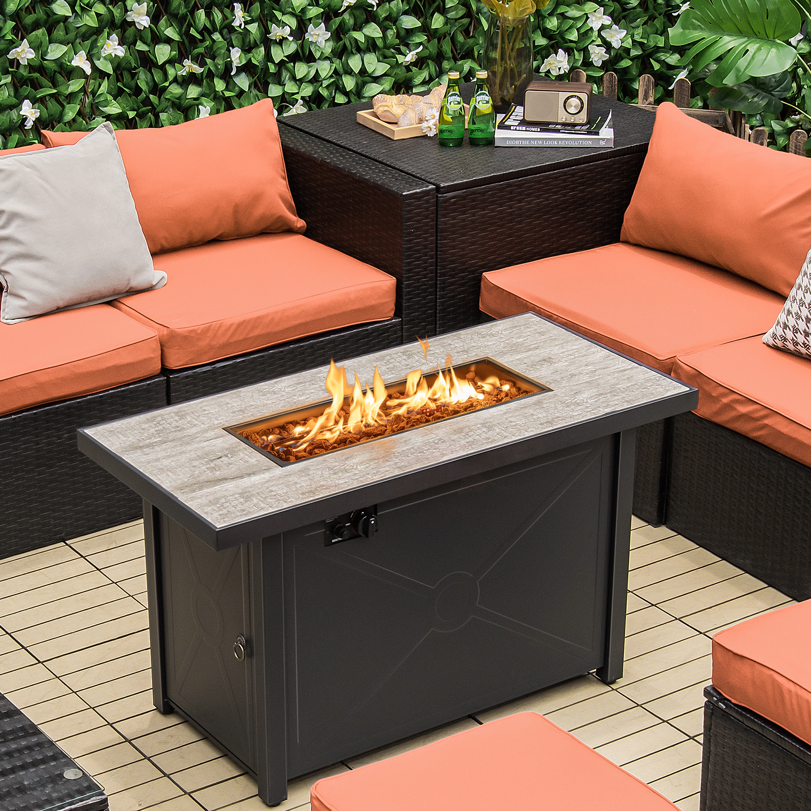 SUGIFT Black Rectangular Propane Fire Pit Table with Ceramic Tabletop 42-in W 20-in D 25-in H 60000-BTU Output