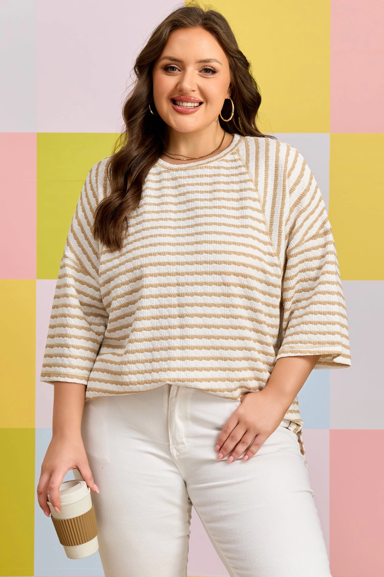 Threaded Pear Womens Liv Detail Half Sleeve PLUS Top - Apricot Stripe