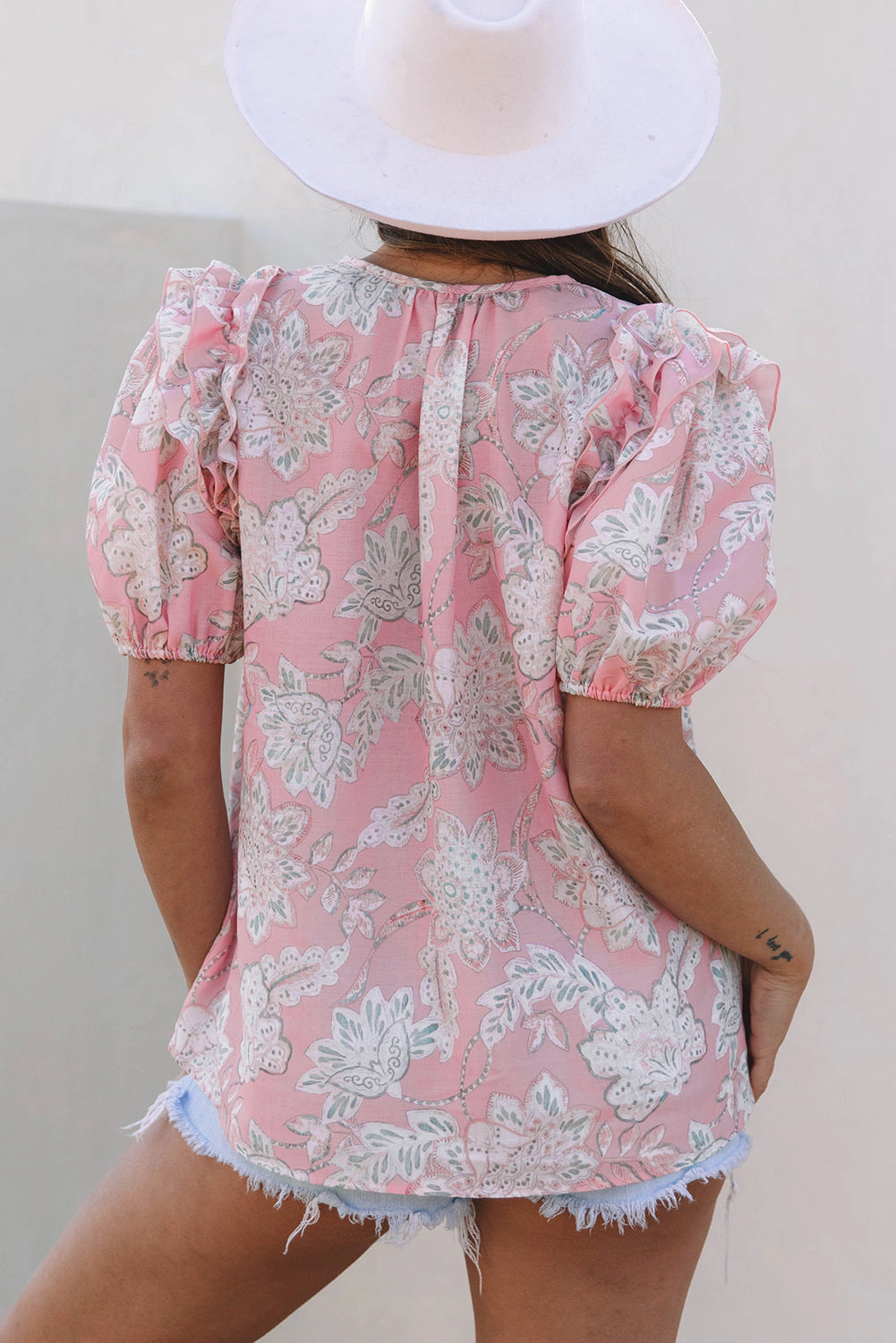 Threaded Pear Women's Cattleya Floral Drawstring V Neck Puff Sleeve Loose Blouse