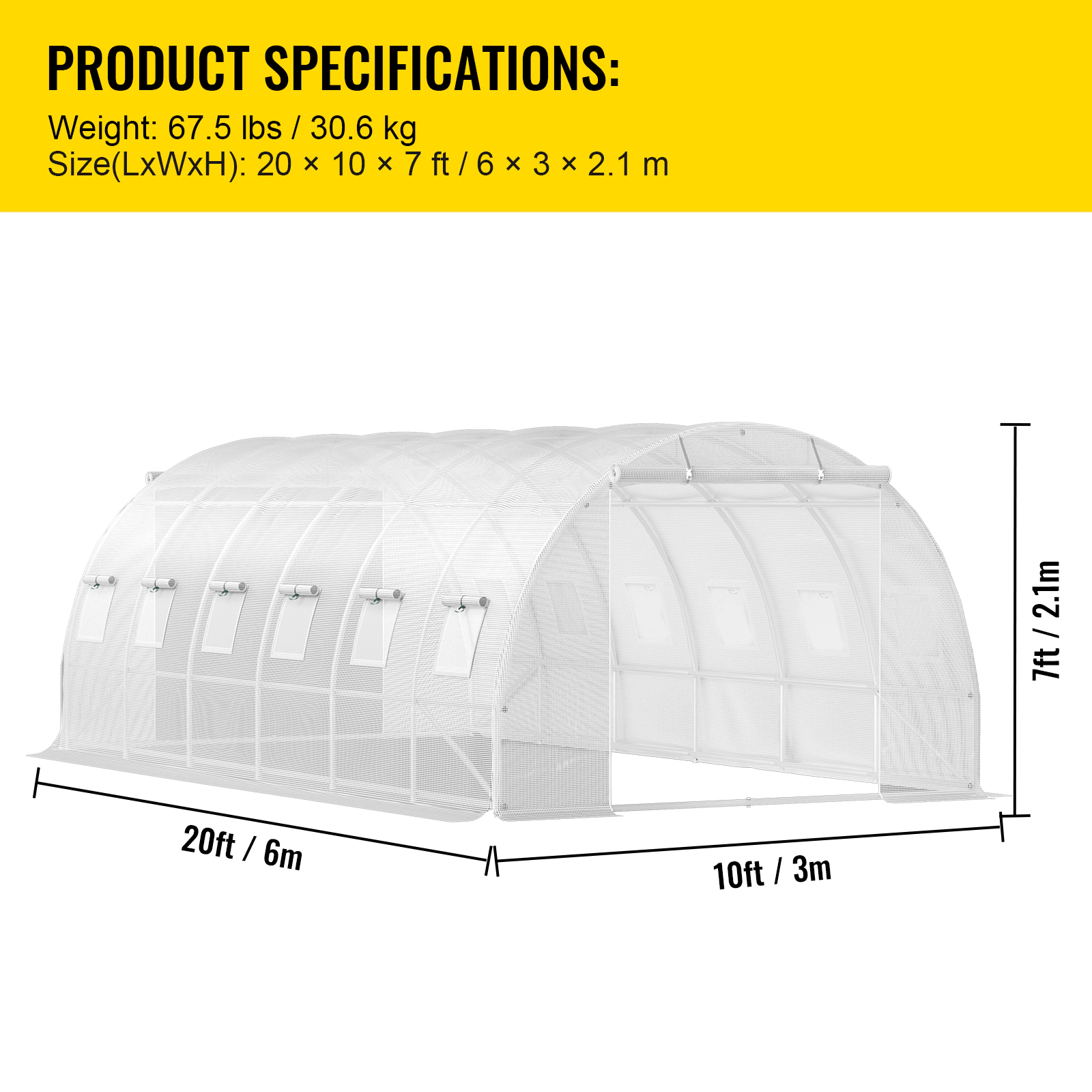 HONGGE Walk-in Tunnel Greenhouse 20 x 10 x 7 ft Portable Plant Hot House with Galvanized Steel Hoops 3 Top Beams