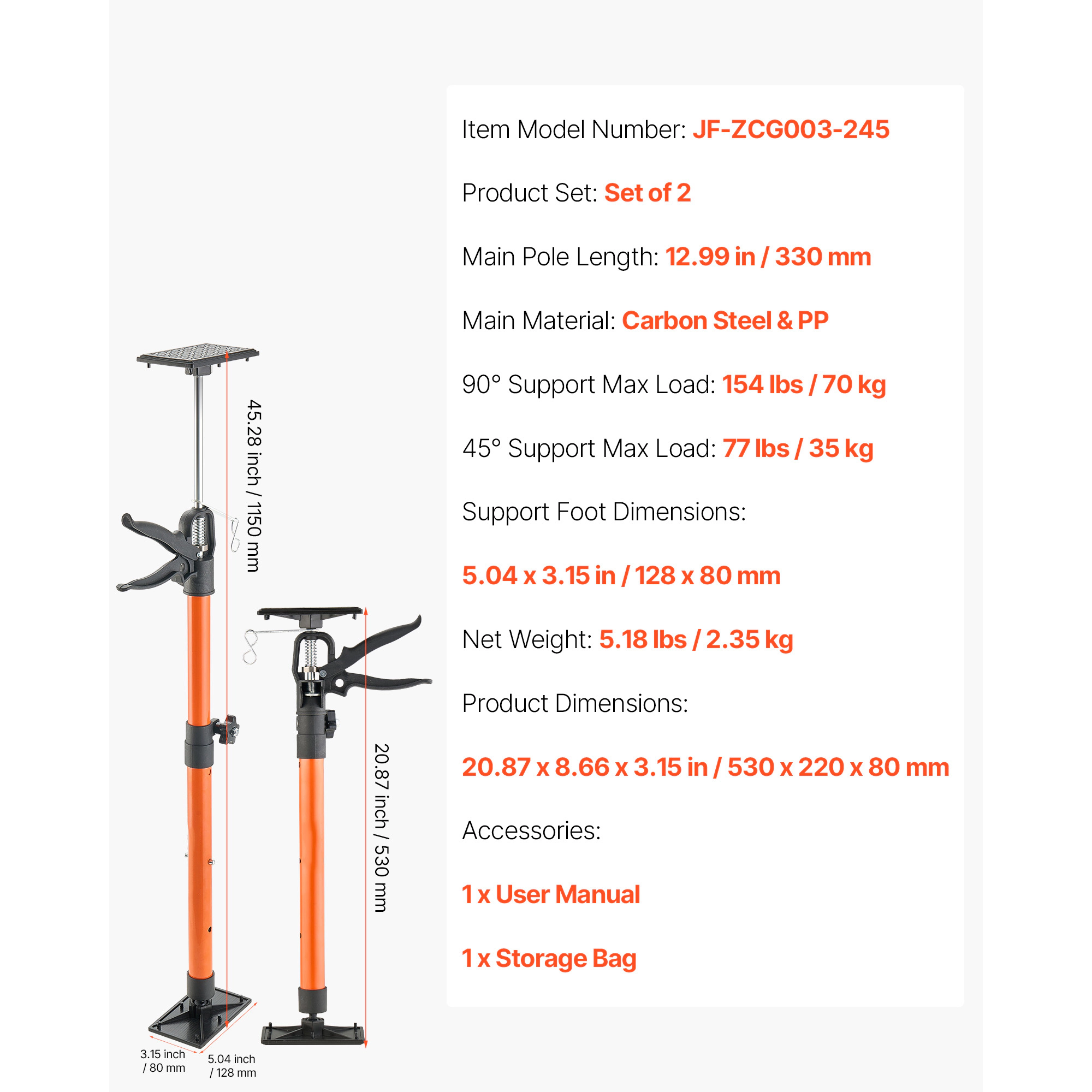 HONGGE Cabinet Jack Support Pole Steel Telescopic Quick Support Rod Adjustable 3rd Hand System for Installing Cabinets