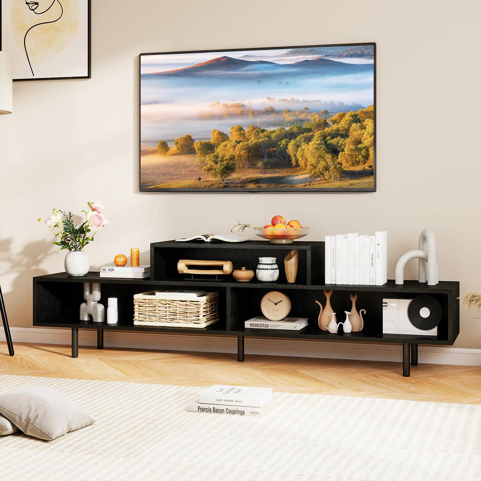 SUGIFT 63-In Black Woodgrain TV Stand for TVs up to 70 Inches
