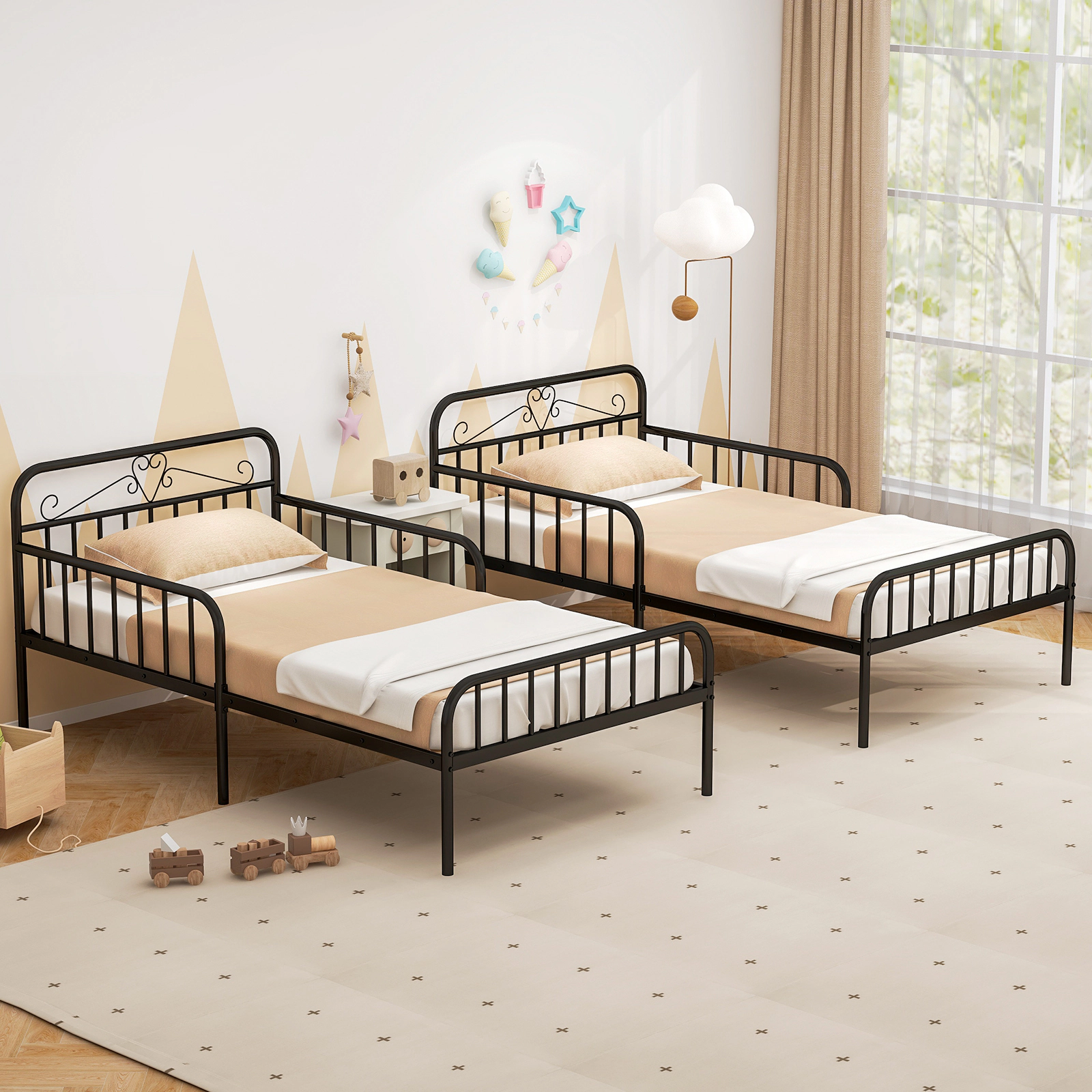 SUGIFT Metal Twin Size Bed Frame with Headboard & Safety Side Guardrails 485-lb Capacity Twin Mattress Compatible Black