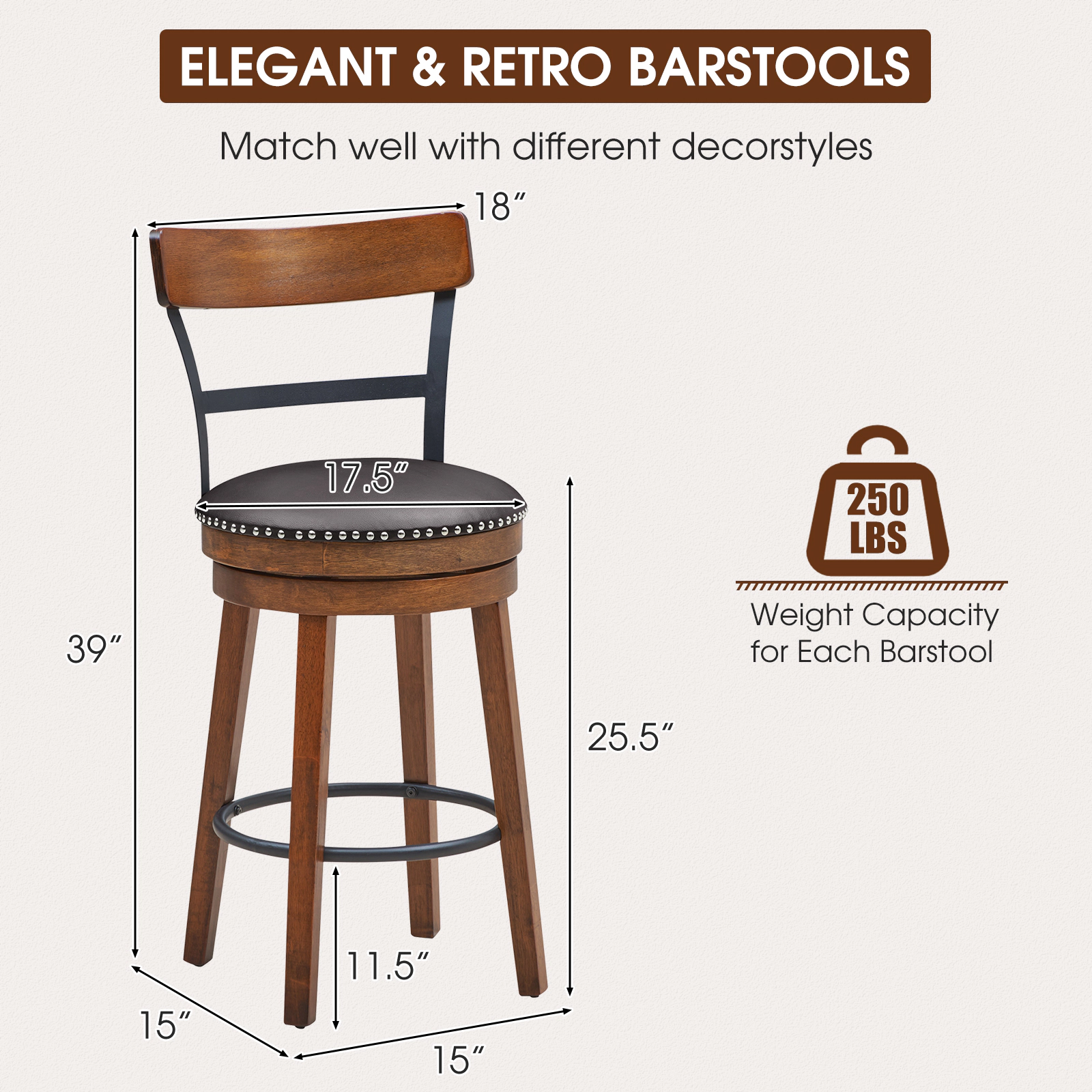 SUGIFT Set of 2 25.5-In Swivel Counter Height Bar Stools 250-Lb Capacity Brown