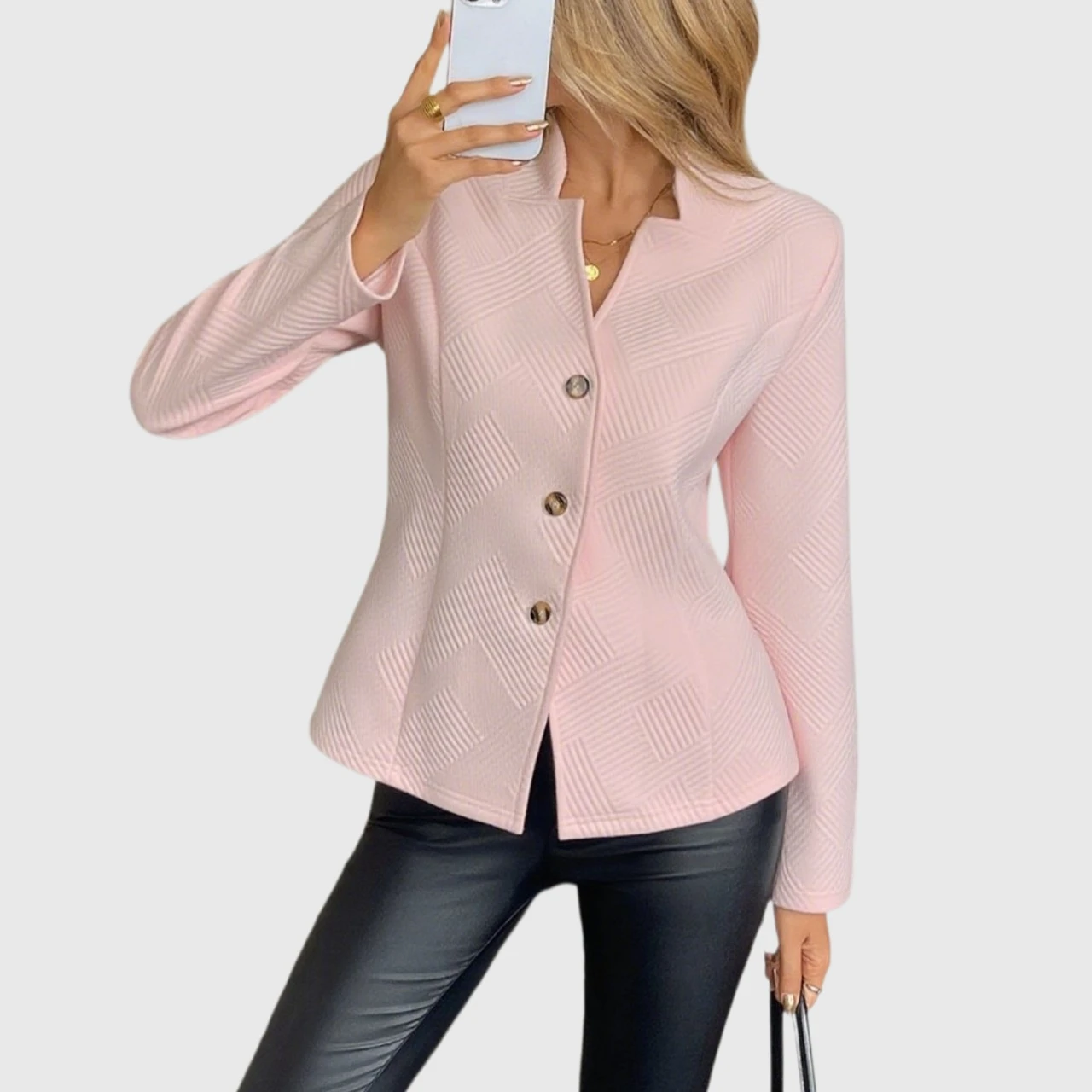 YesFashion Womens Blazers Long Sleeve Button Down Stand Collar Textured Business Casual Suit Jackets