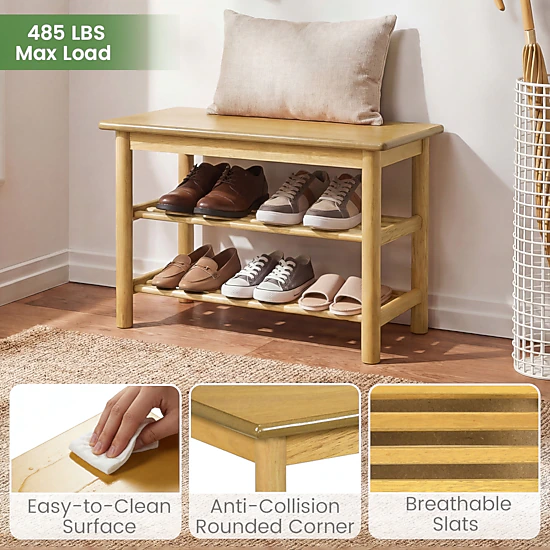 Glintex 24-Inch Rubberwood Shoe Bench with 485-Lb Seat and Slatted Shelves, Natural