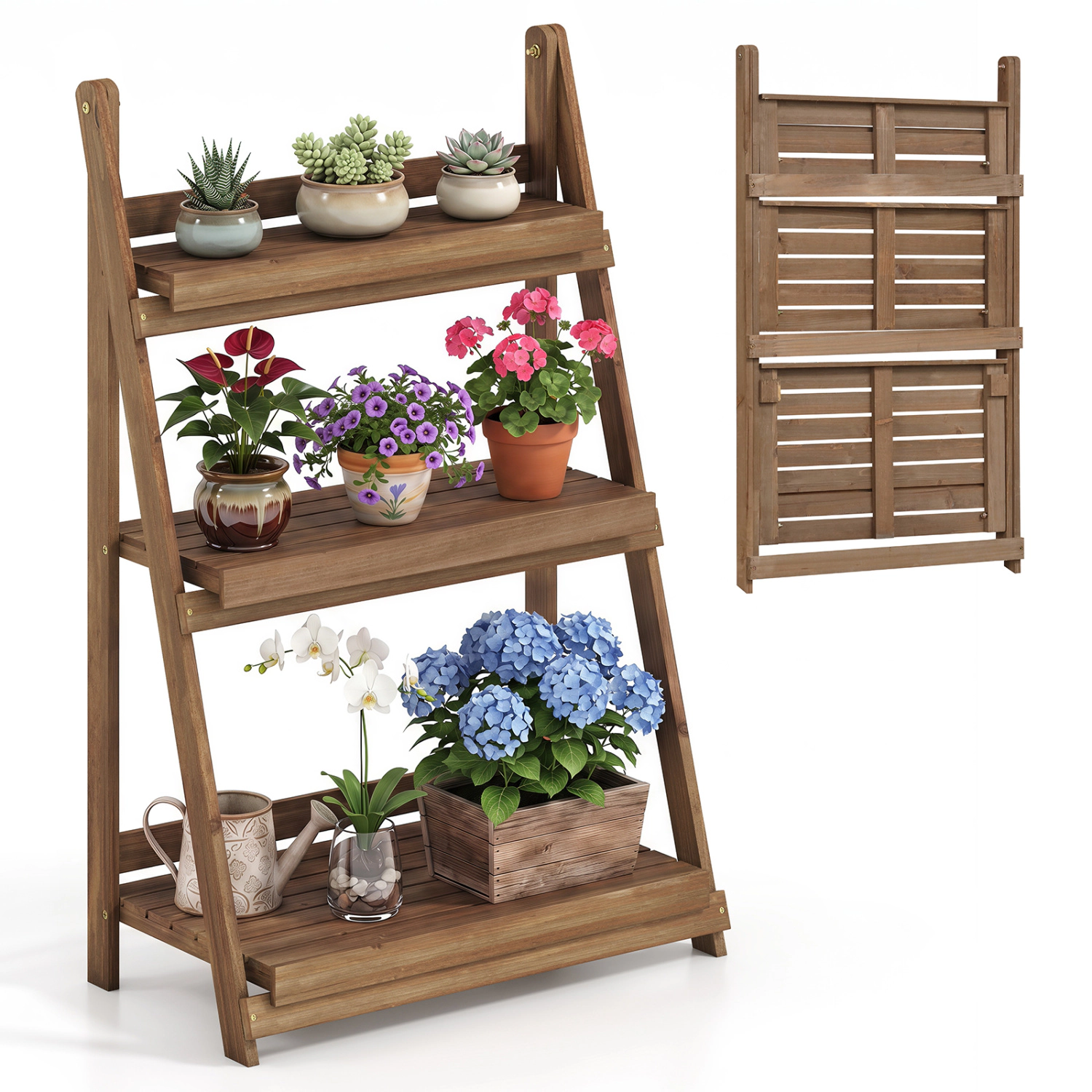 LJG 3-Tier Foldable Plant Stand with Slatted Shelves and Fir Wood Frame