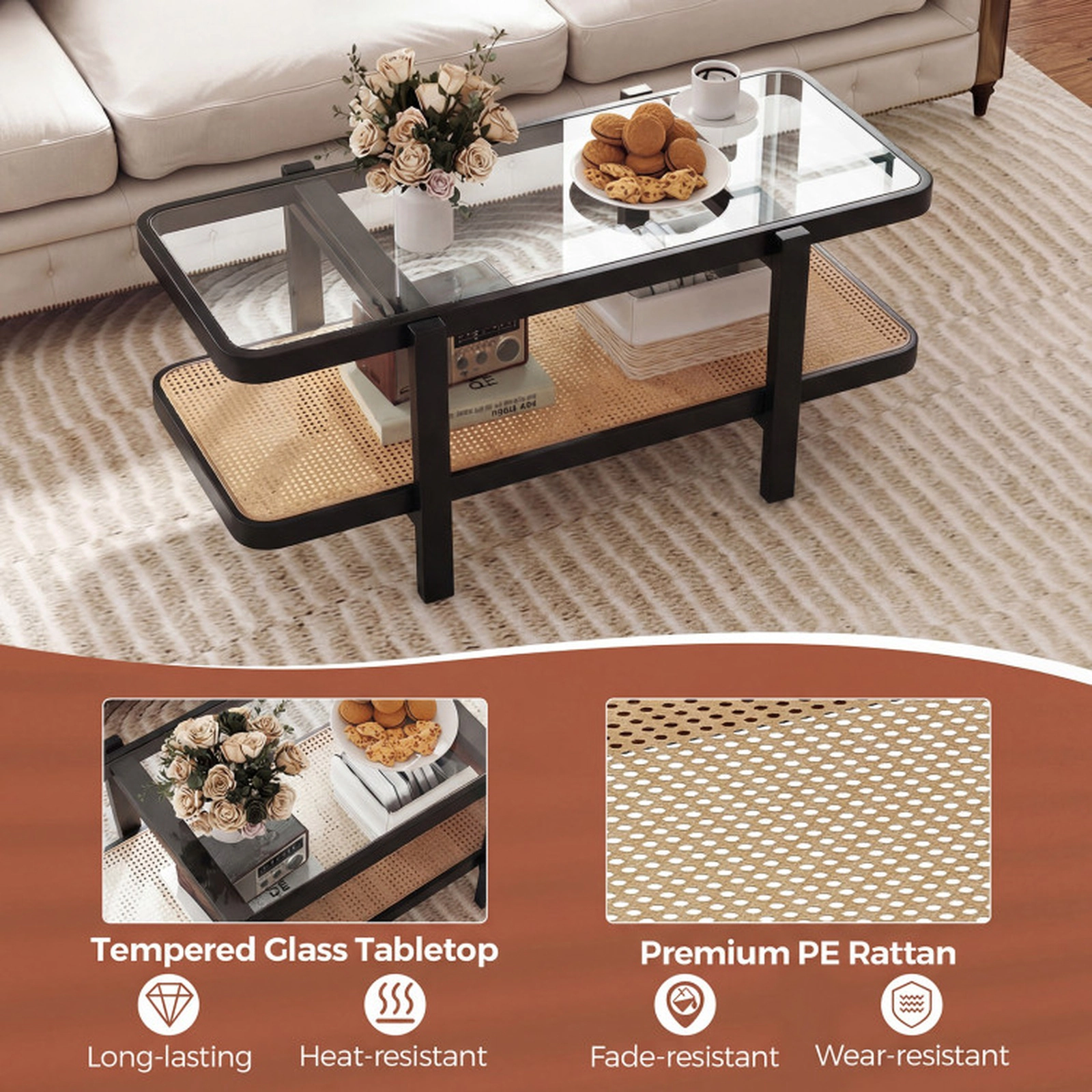 SUGIFT 47.5-in 2-Tier 180-lb Capacity Acacia Wood Coffee Table with Tempered Glass Top and PE Rattan Shelf