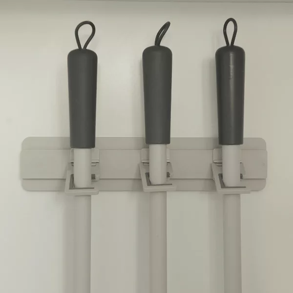 OU Wall Mounted Broom & Mop Holder, Self Adhesive w/ 3 Adjustable Anti slip Silicone Grip Hooks, for Laundry & Kitchen
