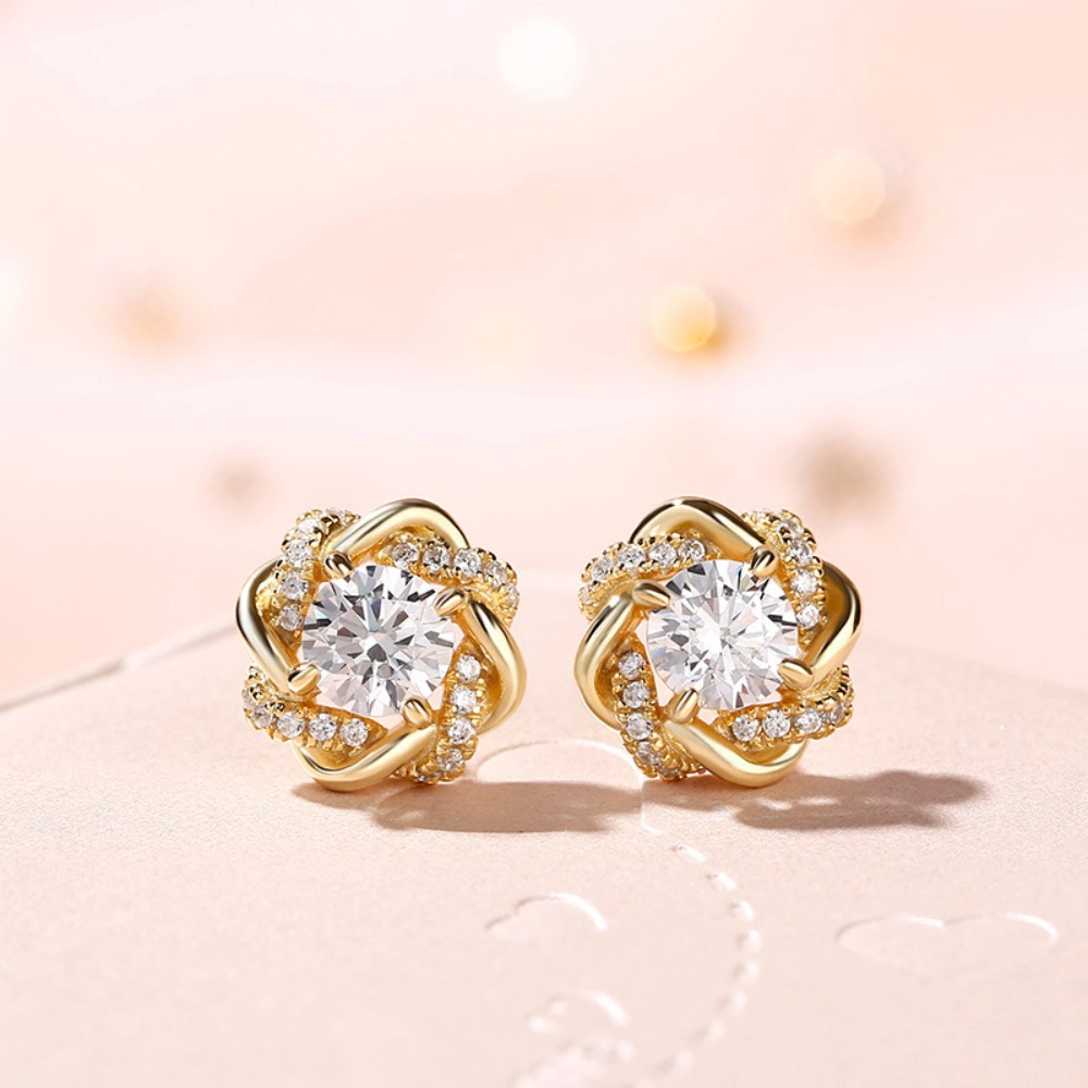 Plated Round Cubic Zirconia Inlaid Creative Exquisite Flower Design Stud Earring