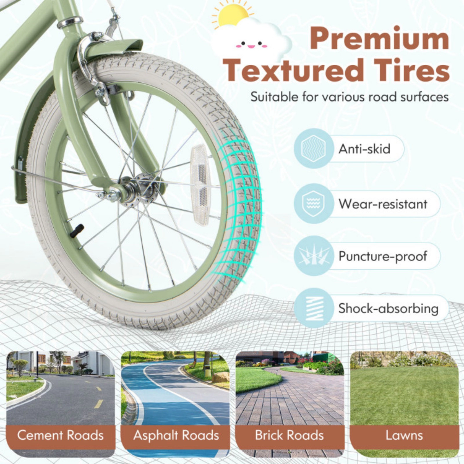 SUGIFT Green Adjustable Handlebar Saddle and Removable Training Wheels Kids Bike