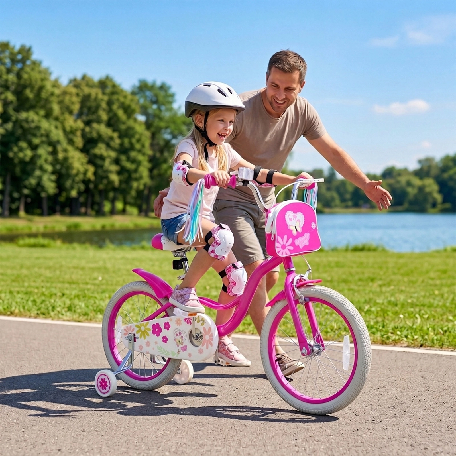 18-in Girls Bike with Front Bag Kickstand Streamers and Removable Training Wheels for Ages 4-8 Anti-Slip Grip Bicycle