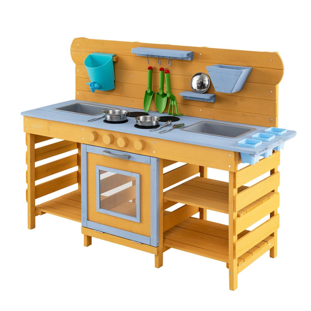 Hivvago Kids Wooden Mud Kitchen with 2 Sinks and 4 Stoves