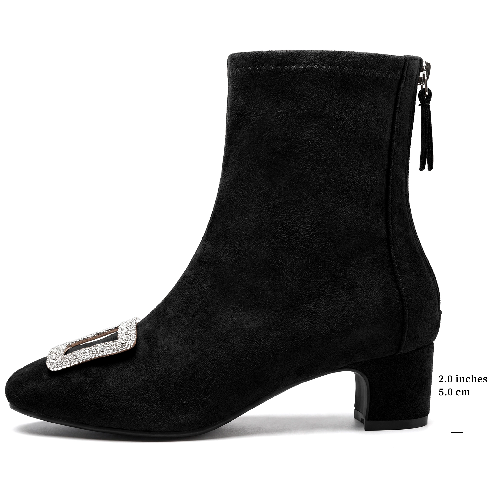 BLISSFUL STEP Women Rhinestone Square Toe Buckle Mid Block Heel Short Ankle Boots