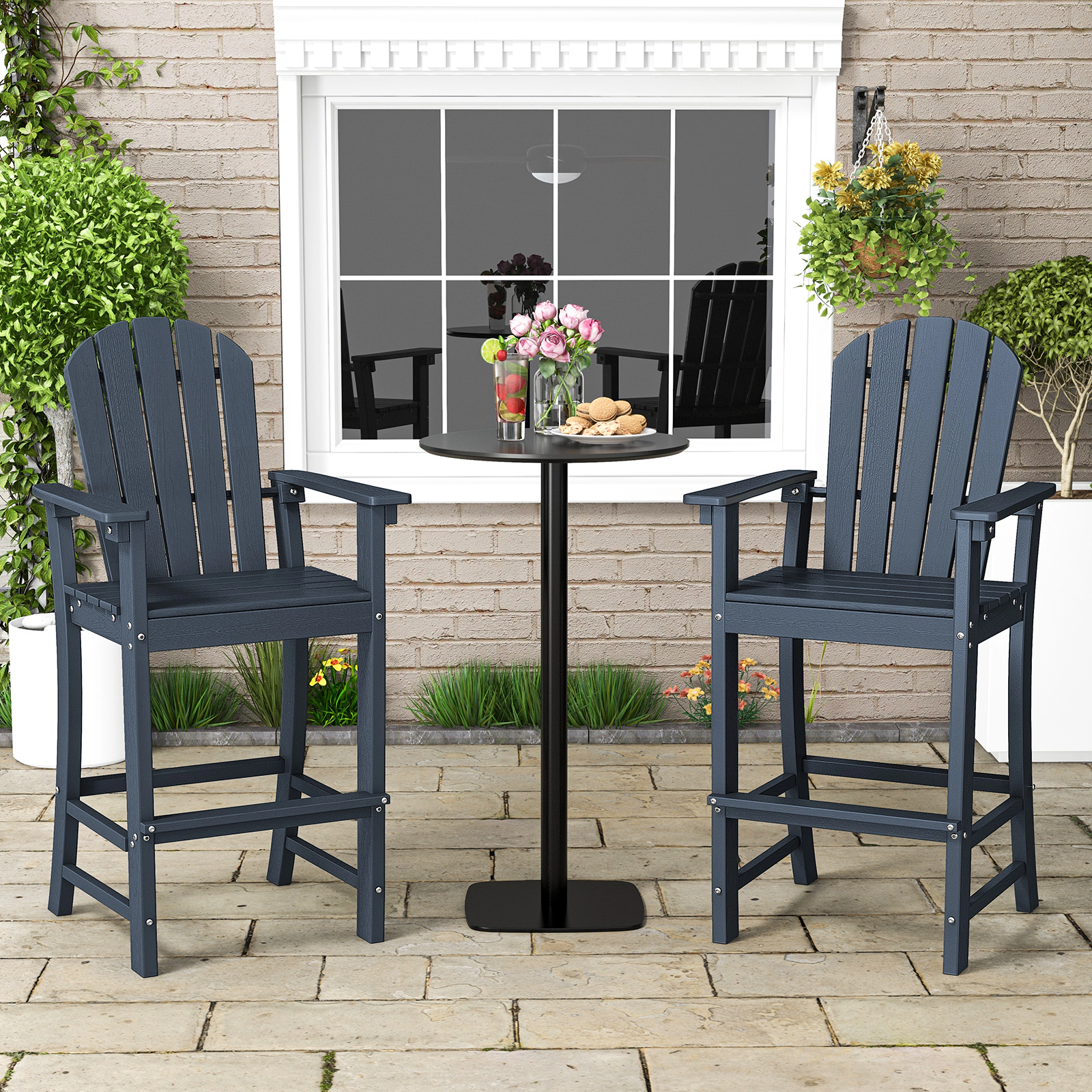 SUGIFT Set of 2 Outdoor HDPE Counter Height Bar Stool Chairs Armrests & Footrest 360-lb Capacity 52-in Tall Navy Bar Set