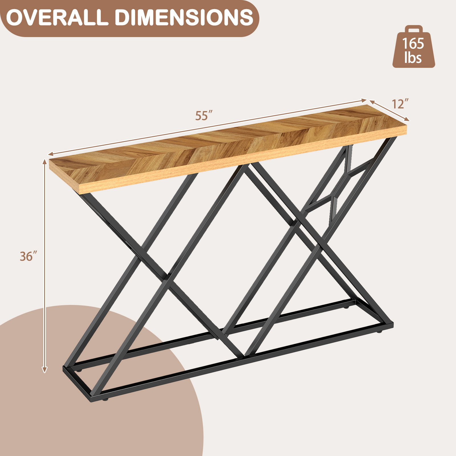 SUGIFT Console Table with Solid Metal Frame 165-lb Tabletop Capacity Wood Color 1.5-in Thick Top