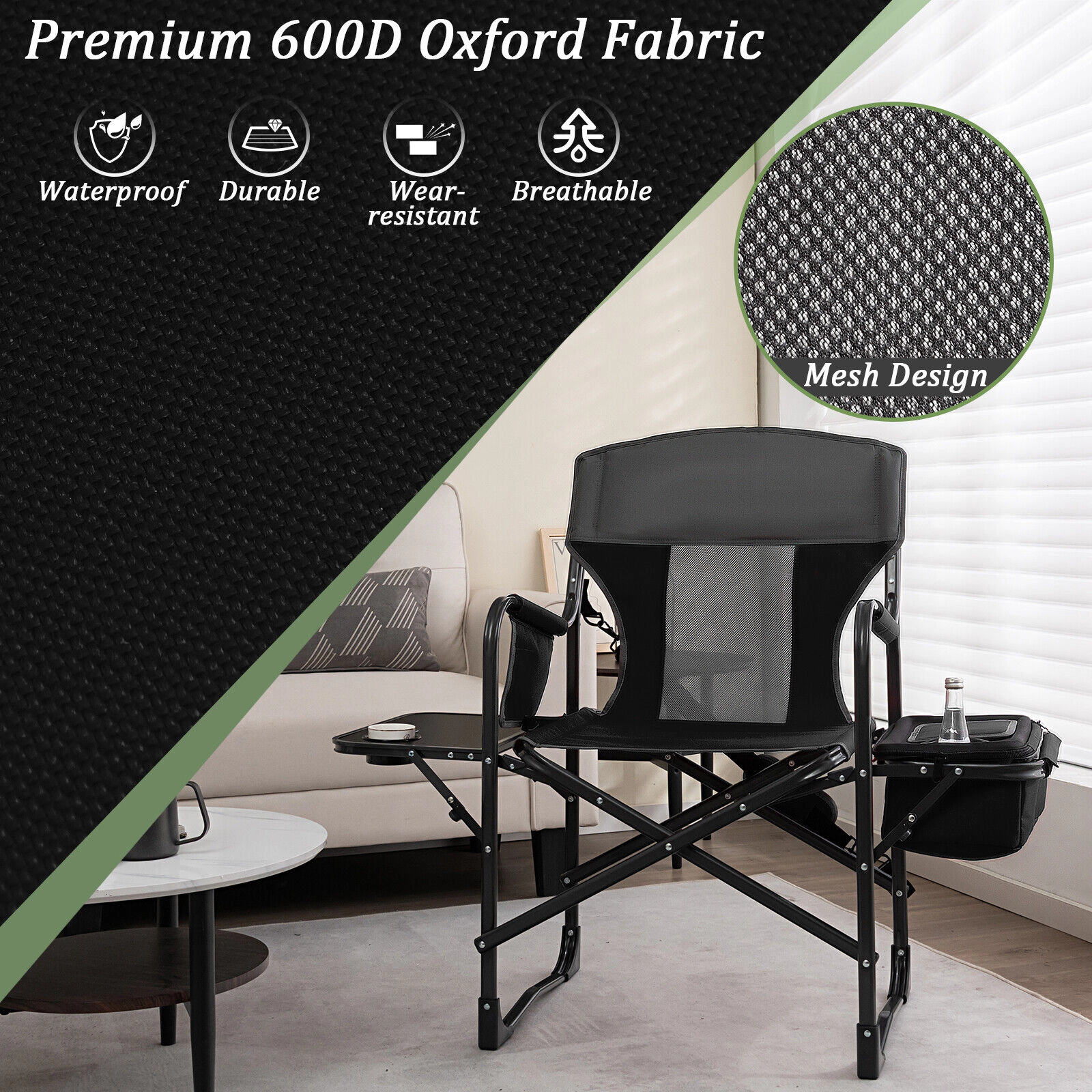 SUGIFT Black Folding Directors Chair with Cooler Bag and Side Table 45-in W 22-in D 39-in H 400-lb Seat Capacity