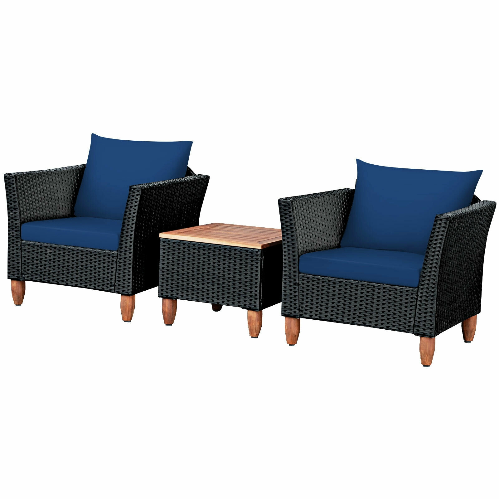 SUGIFT Outdoor Rattan Conversation Set with Acacia Wood Table 400-Lb Chair Capacity Navy