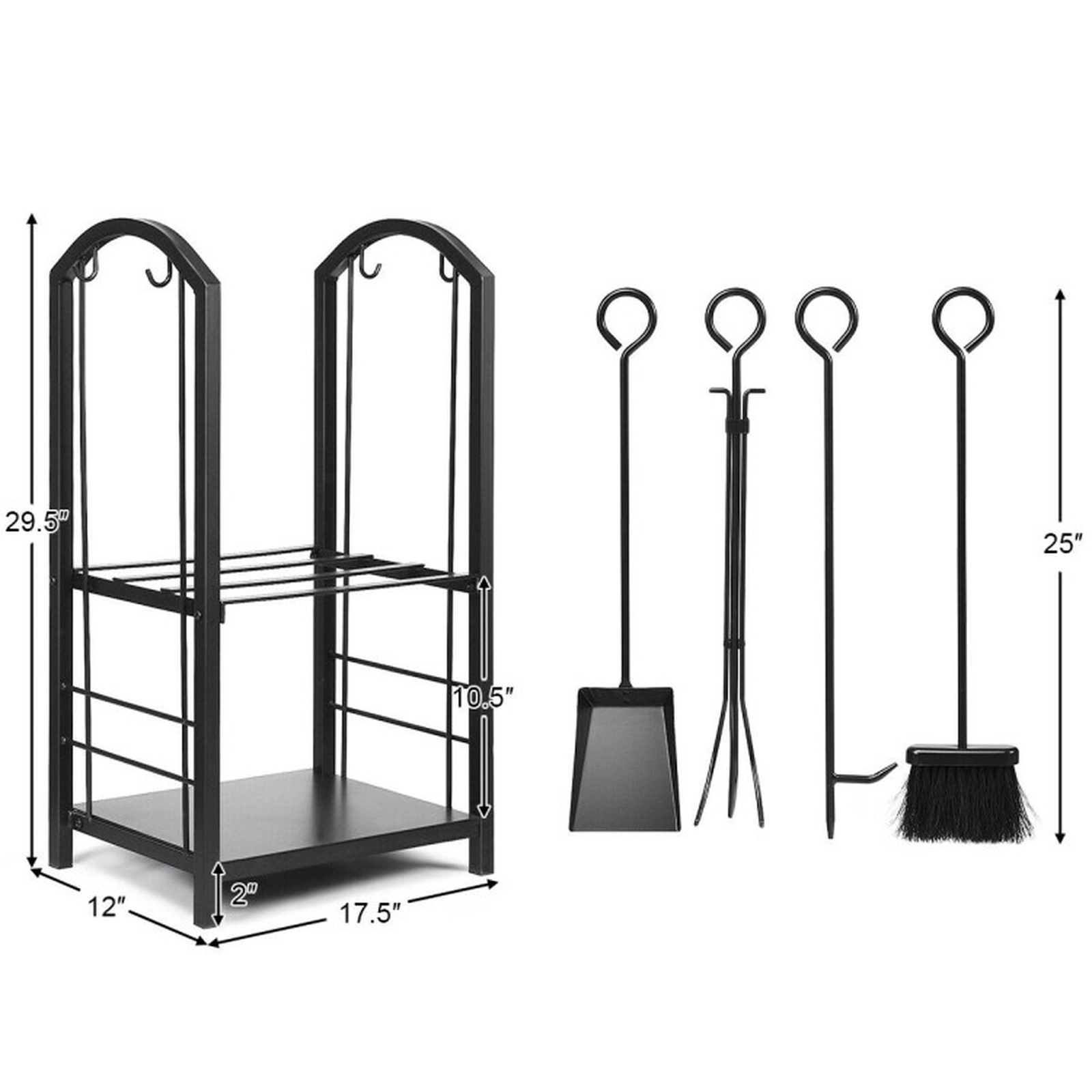 SUGIFT 2-Shelf Wrought Iron Firewood Rack with 4-Piece Fireplace Tool Set
