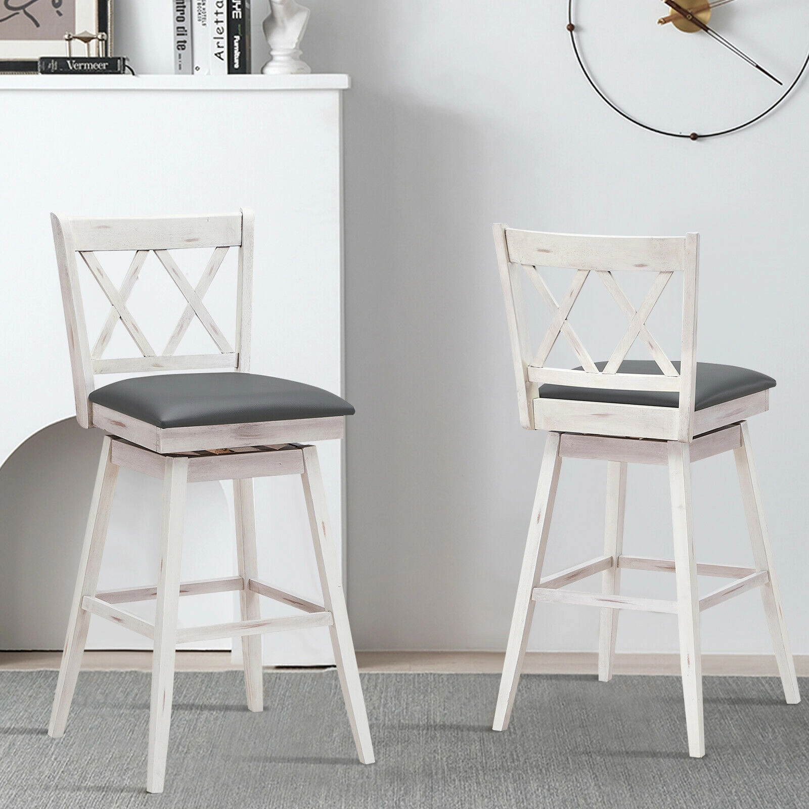 SUGIFT Set of 2 White 29-Inch Counter-Height Swivel Bar Stools with PVC Backrests and Rubberwood Legs