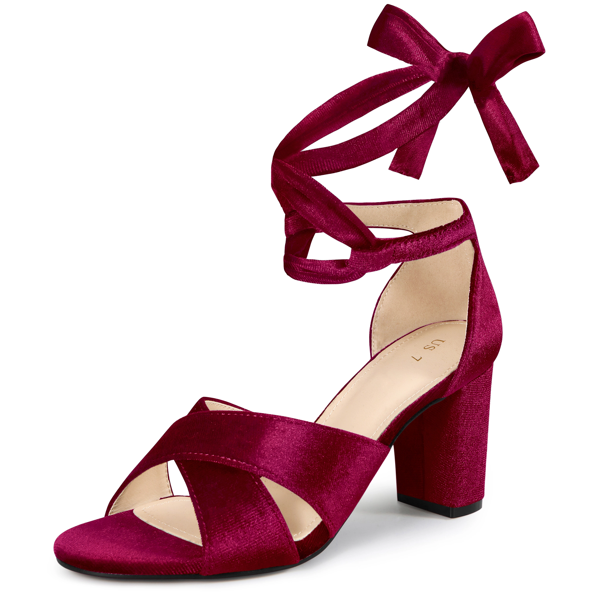 BLISSFUL STEP Women's Velvet Crisscross Strap Lace Up Open Toe Chunky Heel Sandals