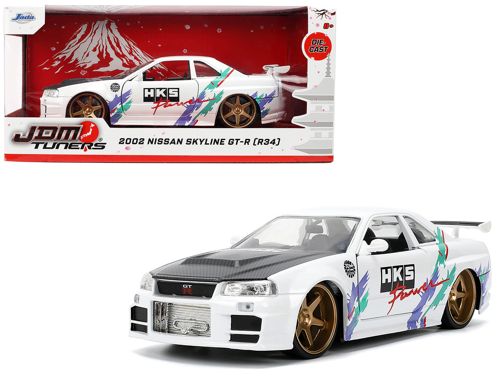 Jada 2002 Nissan Skyline GT-R (R34) RHD (Right Hand Drive) "HKS Power" White with Carbon Hood and Graphics
