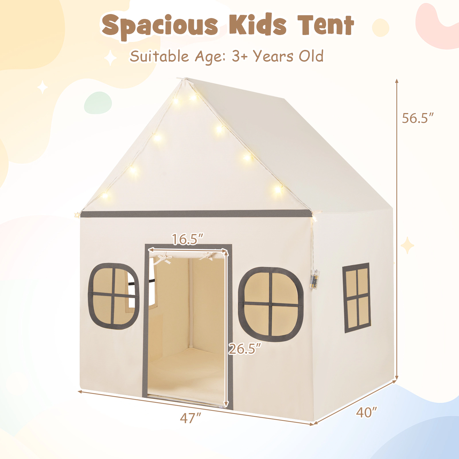 SUGIFT 47-in Large Kids Play Tent Playhouse with Door Curtain Windows and Star Lights Ages 3+ Beige and Gray