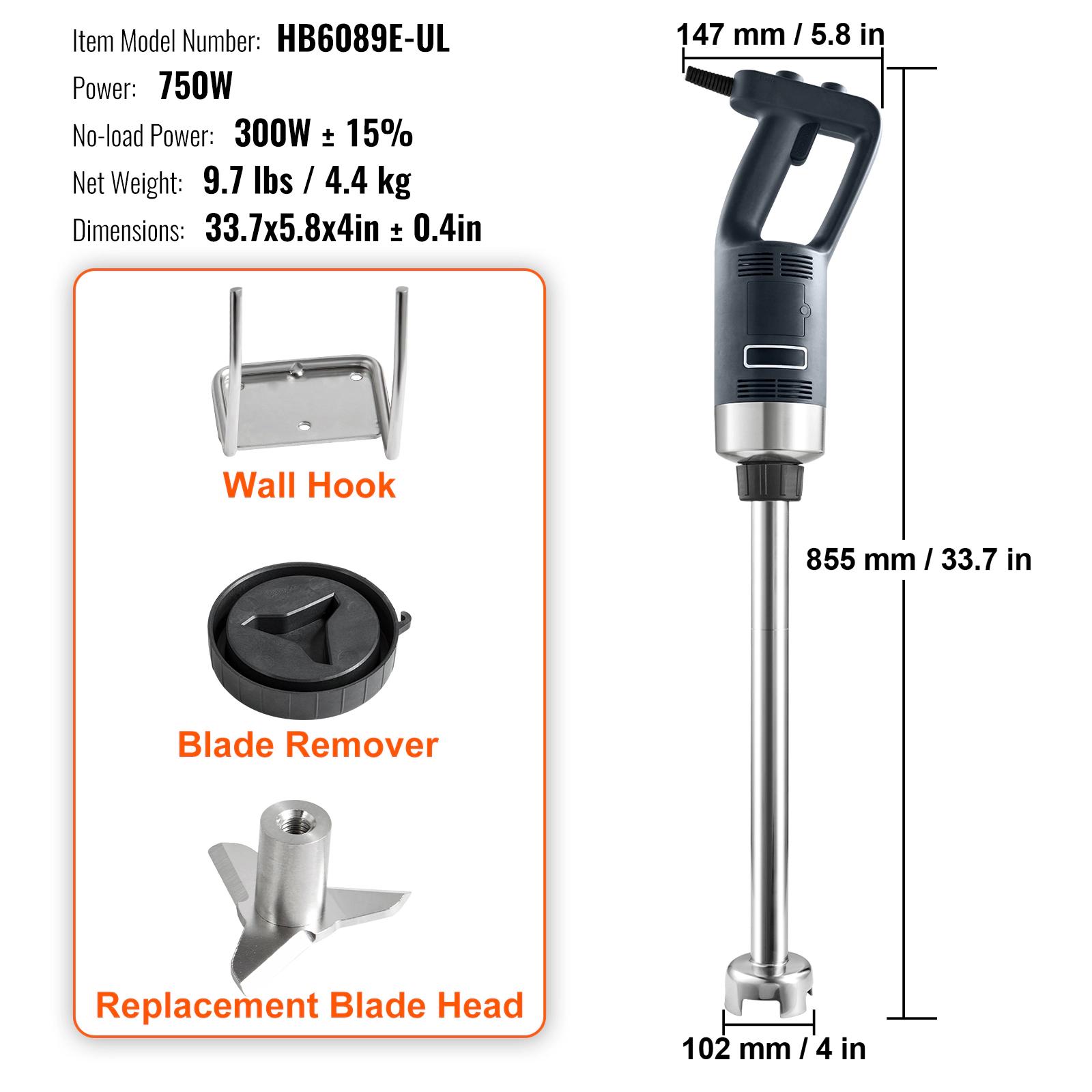 HONGGE Commercial Immersion Blender 750W Heavy Duty Hand Mixer Variable Speed Kitchen Stick with 304 Stainless