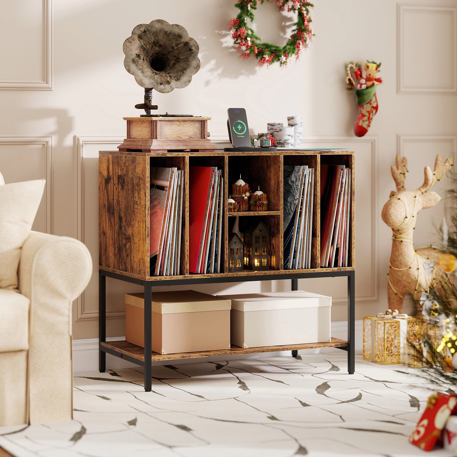 SUGIFT Record Player Stand with Charging Station and Metal Frame Accent Table 275-lb Capacity Rustic Brown & Black/White