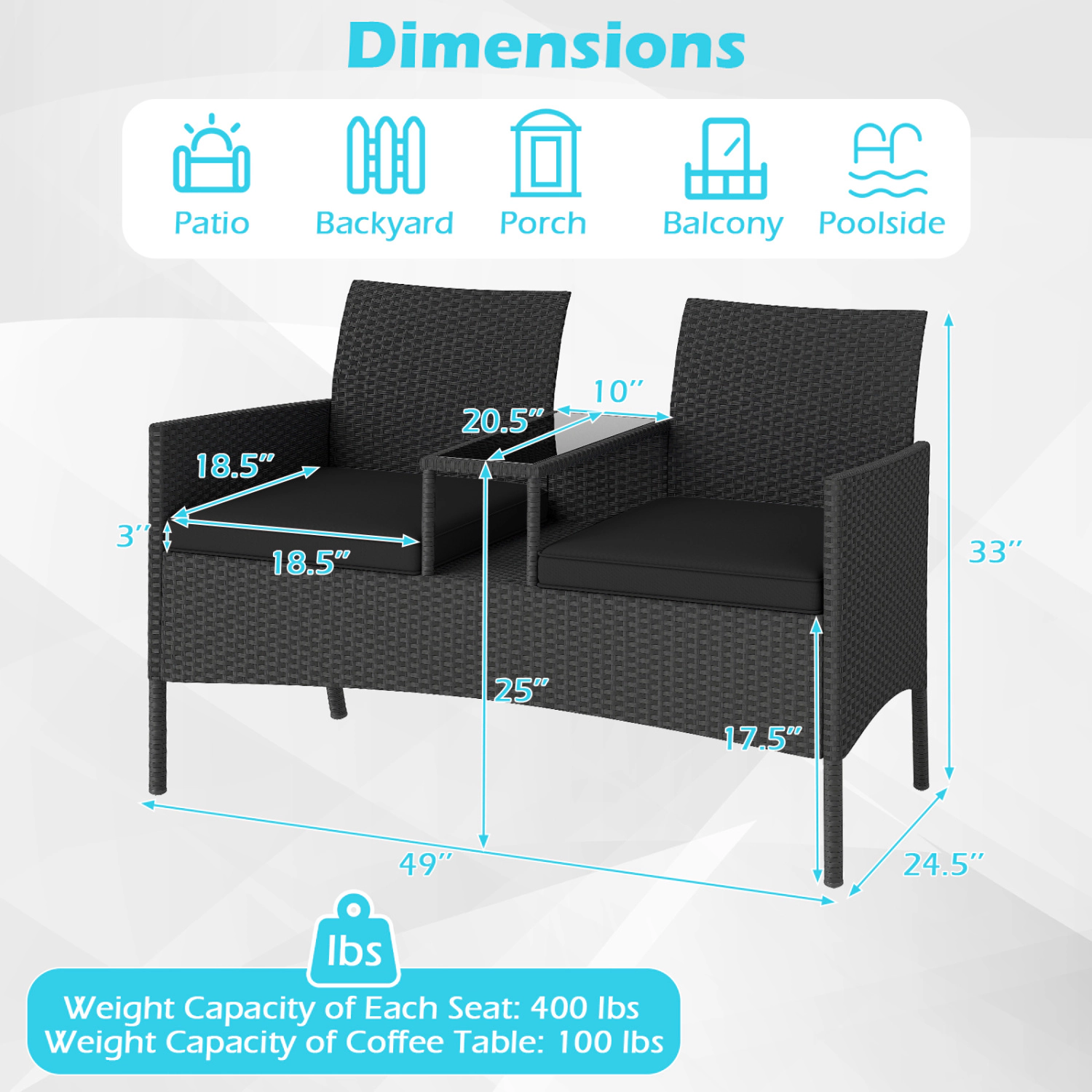 LJG Patio Loveseat with Built-in Table for Backyard Porch