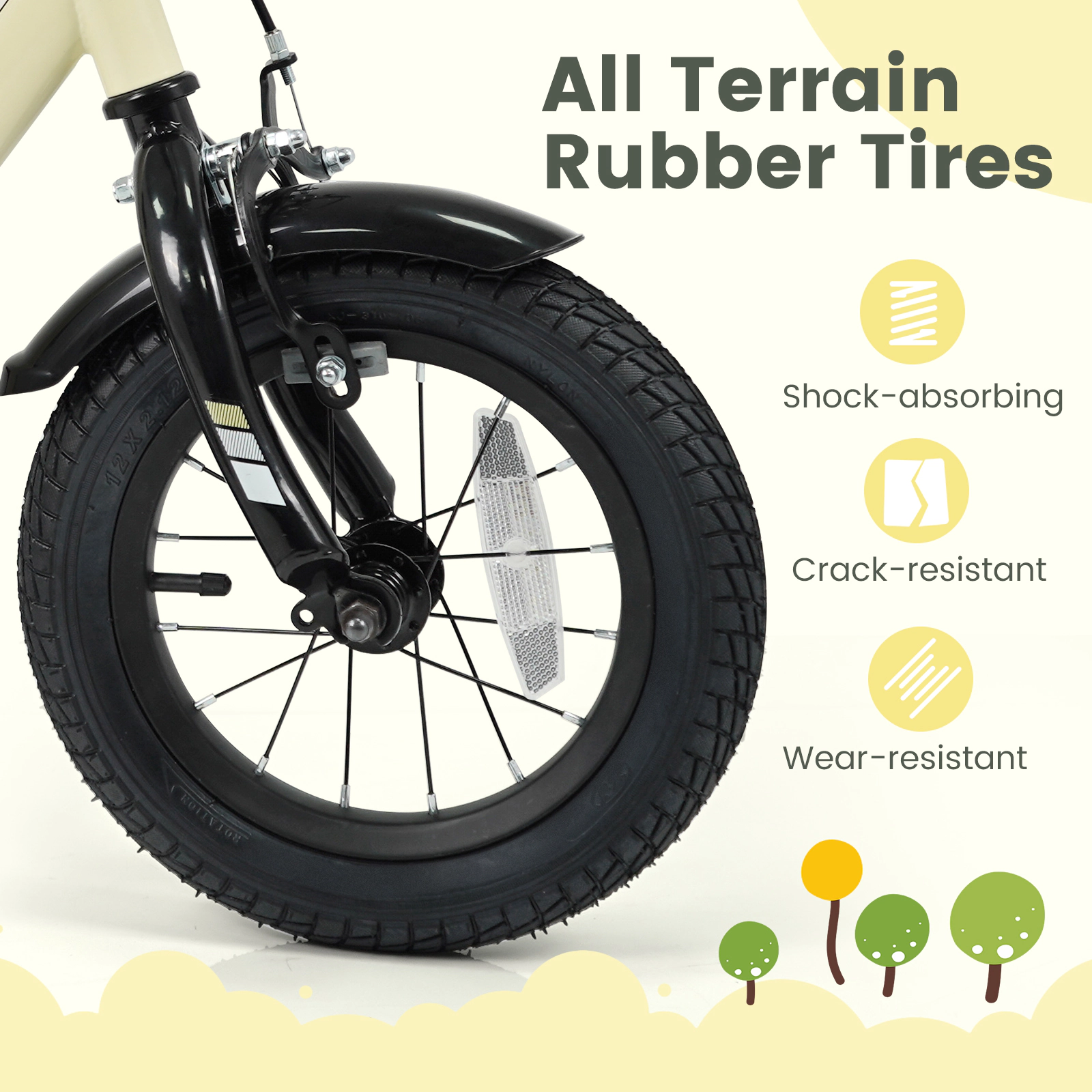 12-in Kids Bike with Removable Training Wheels Anti-Slip Pedals Reflectors and Bell for Ages 3-4 Adjustable Kids Bicycle