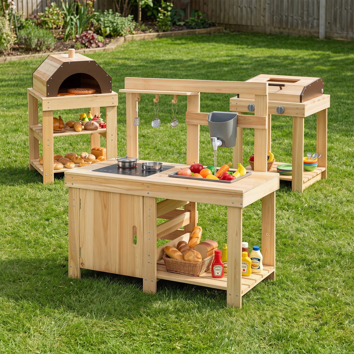 LJG Kids 3-Piece Outdoor Kitchen Set Mud Kitchen with Separate BBQ Grill and Pizza Oven