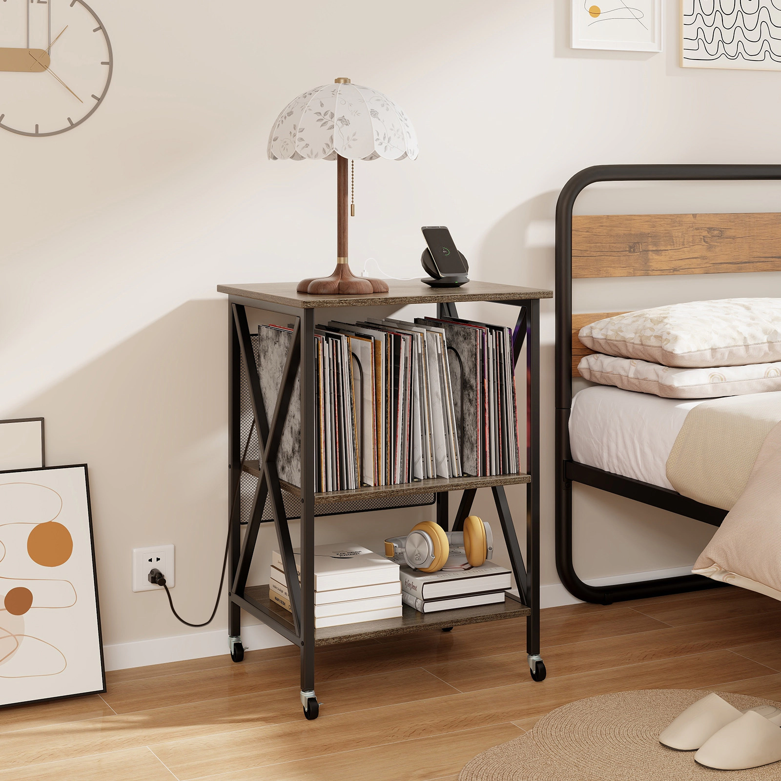 SUGIFT Mid-Century Record Player Stand Accent Table Built-in Charging Station 110-lb Top Capacity Rustic Brown Gray Oak