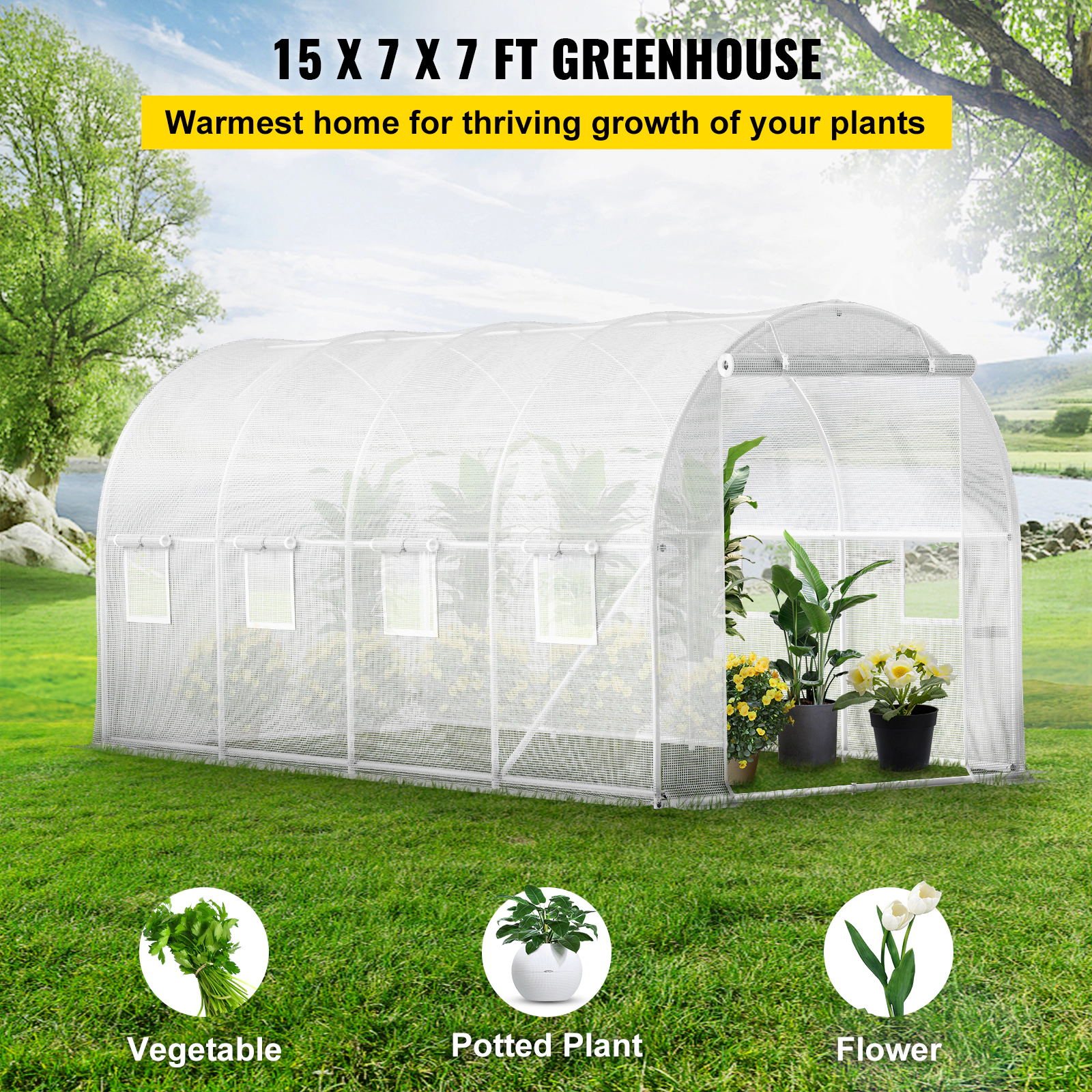 HONGGE Walk-in Tunnel Greenhouse Portable Plant Hot House with Galvanized Steel Hoops 1 Top Beam Diagonal Poles