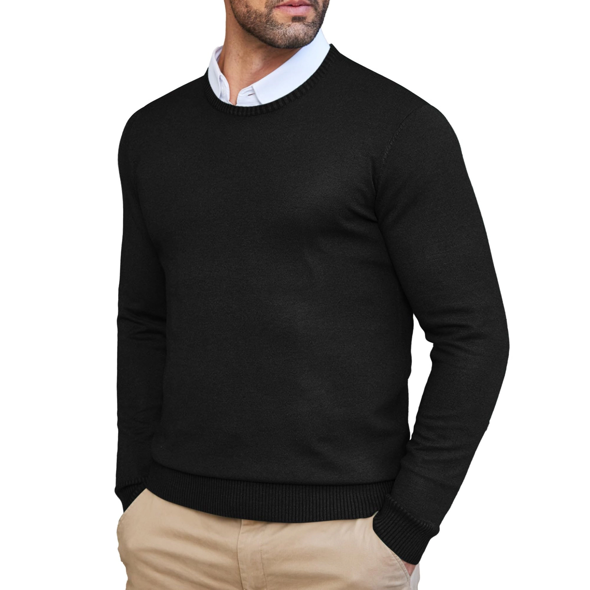 COOFANDY Mens Solid Long Sleeve Sweater Fall Crew Neck Ribbed Trim Casual Pullover