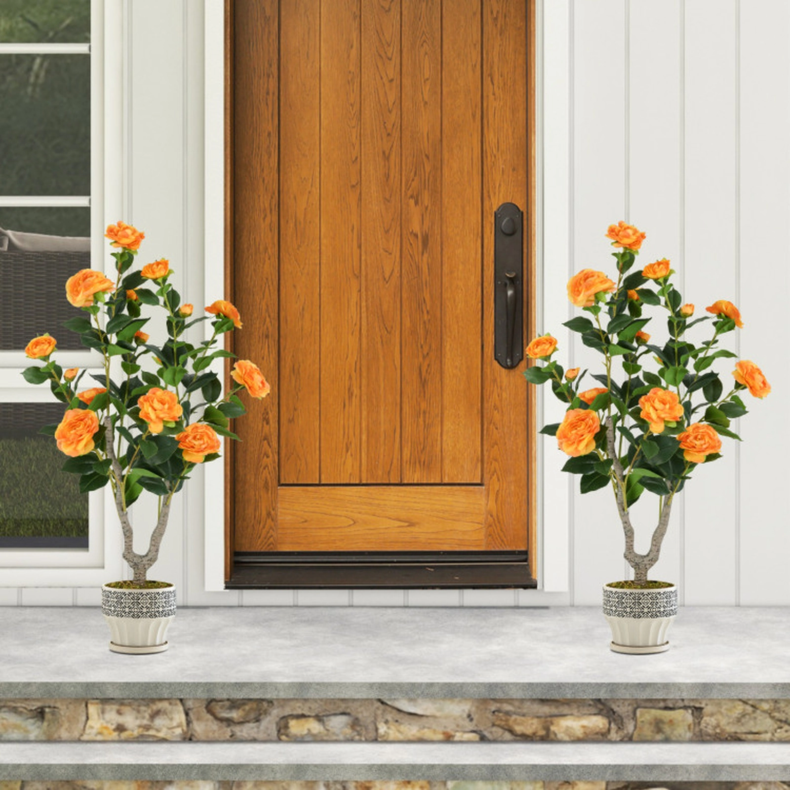 SUGIFT Set of 2 36-in Artificial Camellia Trees with Blooming Flowers and Cement-Filled Pots