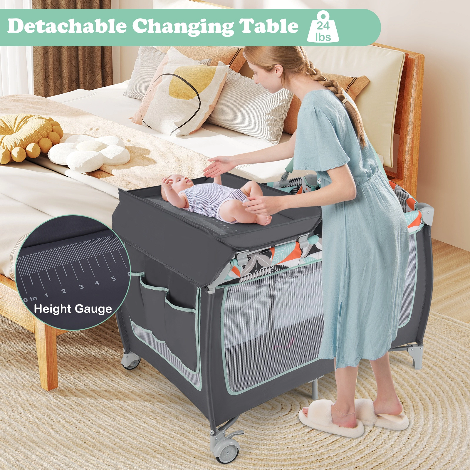 SUGIFT Baby 3-in-1 Bassinet Diaper Table Zippered Door Toy Bar Playard 45-in x 32-in x 32.5-in 33-lb Capacity Blue