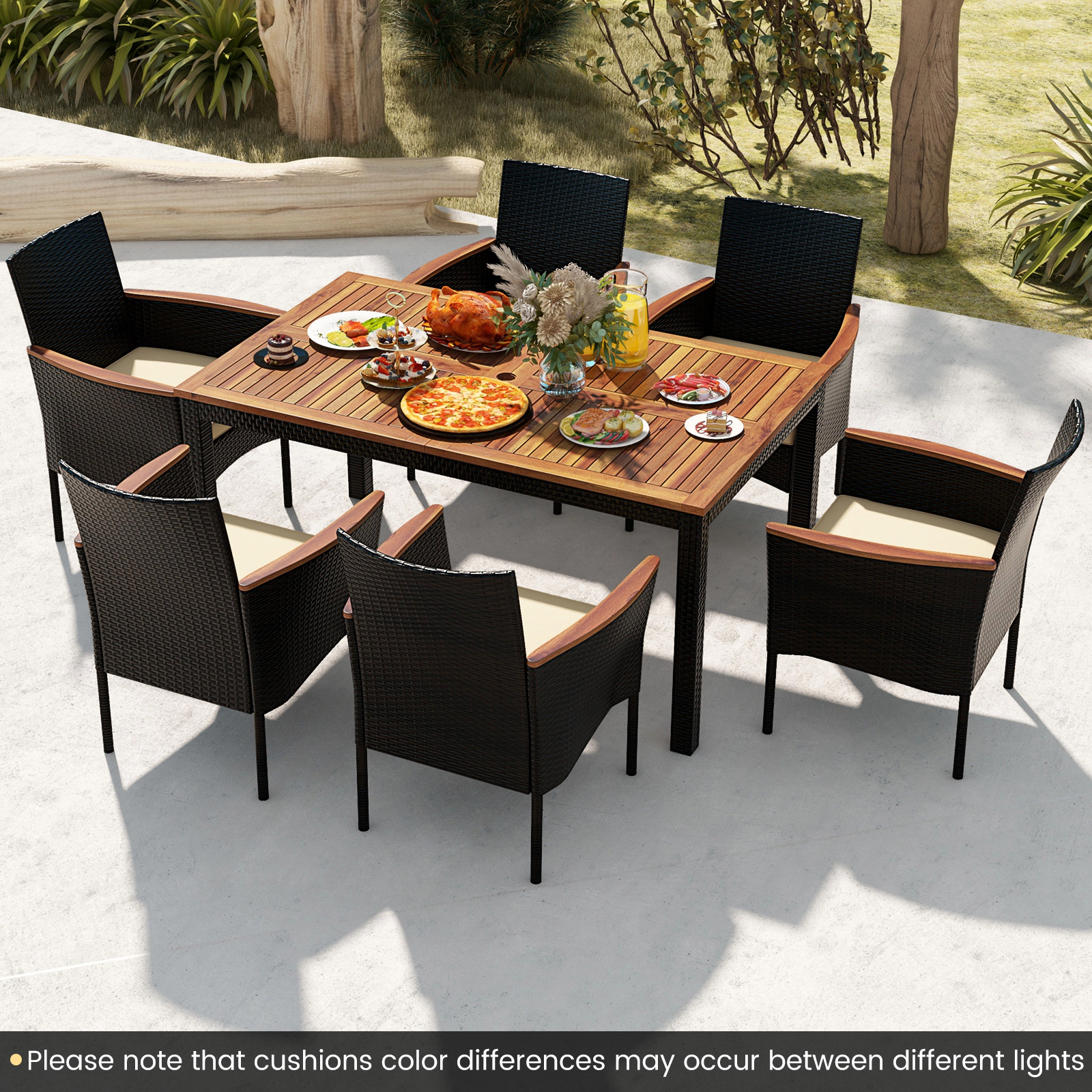 LJG 7 Pieces Rattan Patio Dining Set with Stackable Chairs and Umbrella Hole