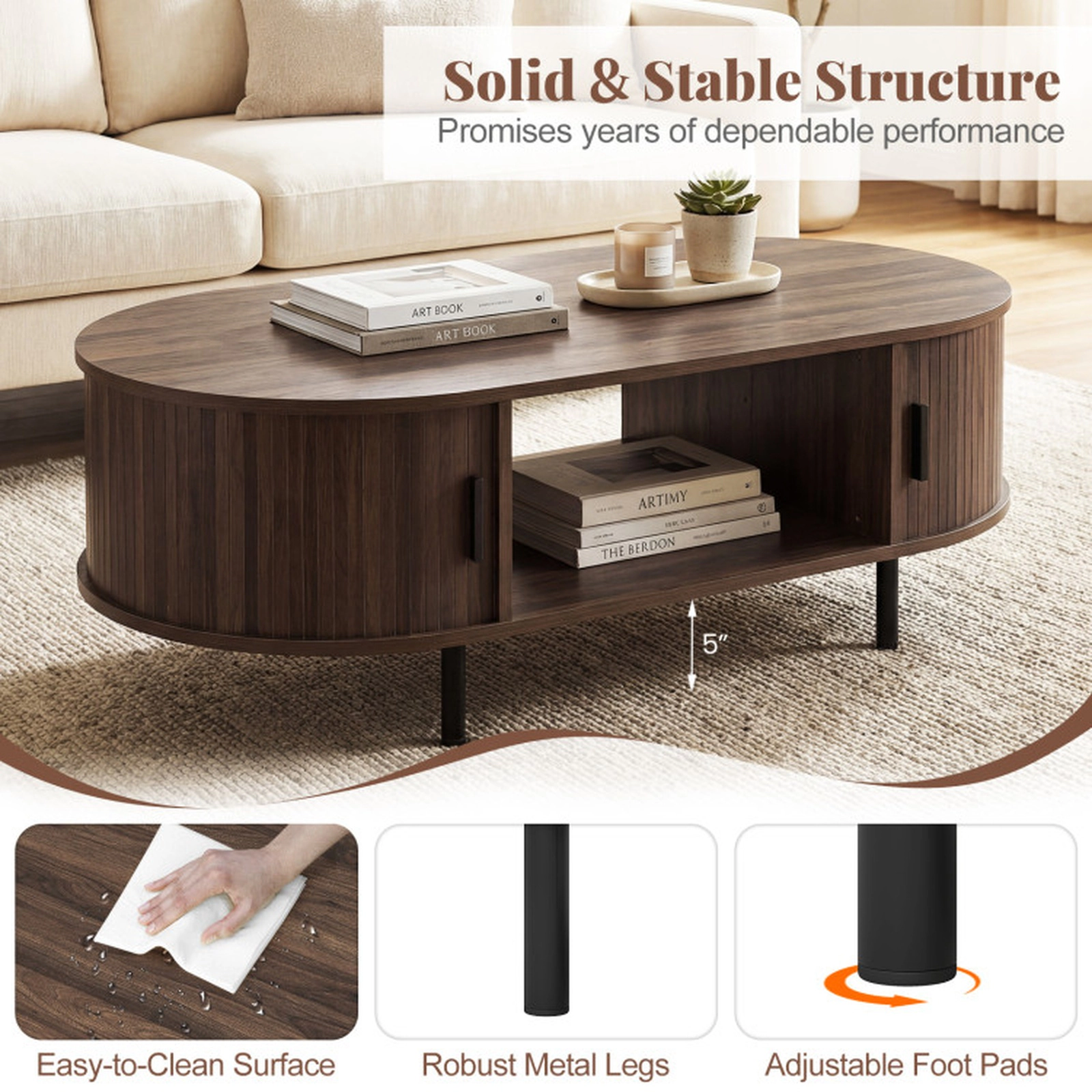 SUGIFT Oval Coffee Table Wooden Center Table with Storage 297-lb Overall Capacity Walnut