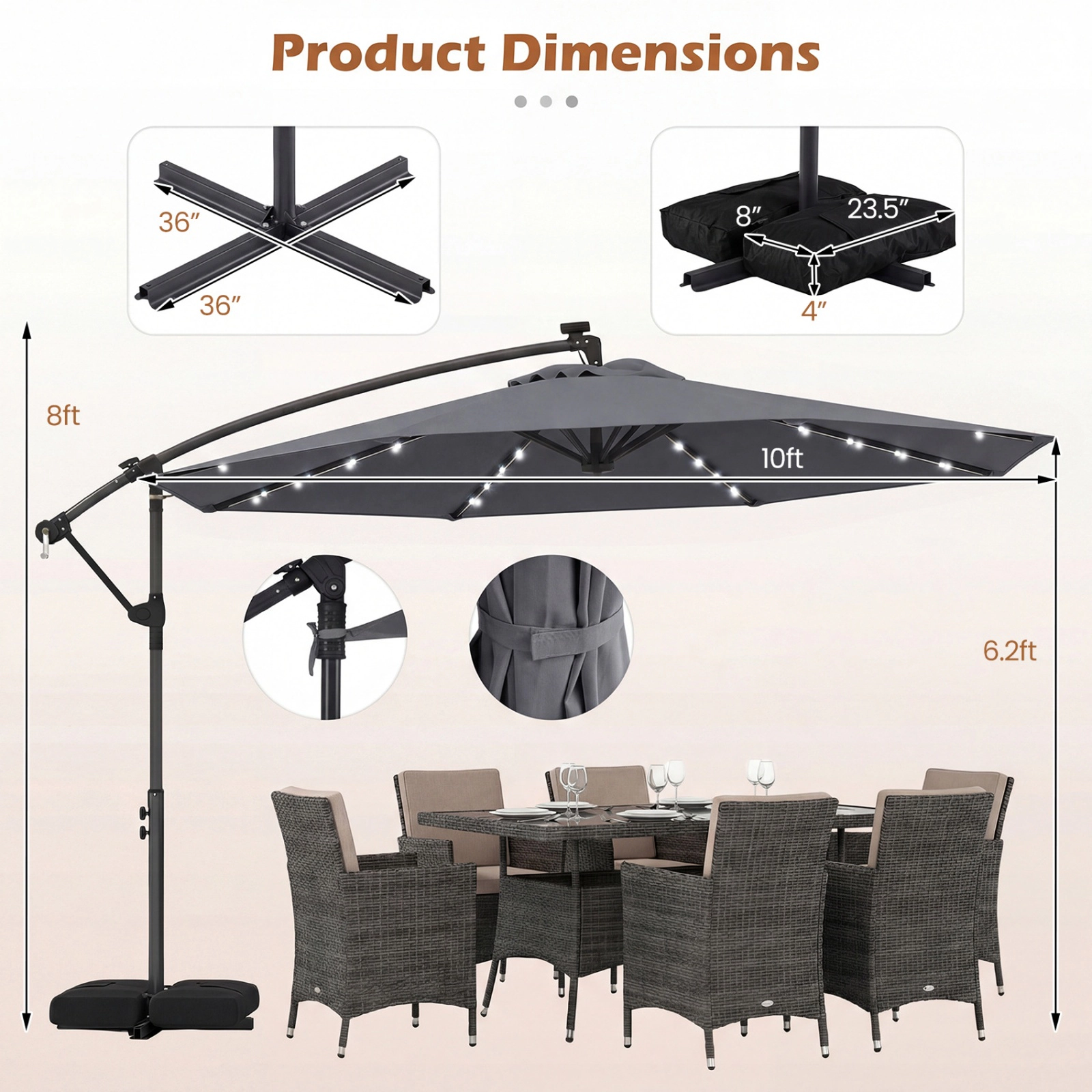 SUGIFT 10-ft Brown Solar LED Offset Cantilever Patio Umbrella with Weighted Cross Base 116-lb Capacity