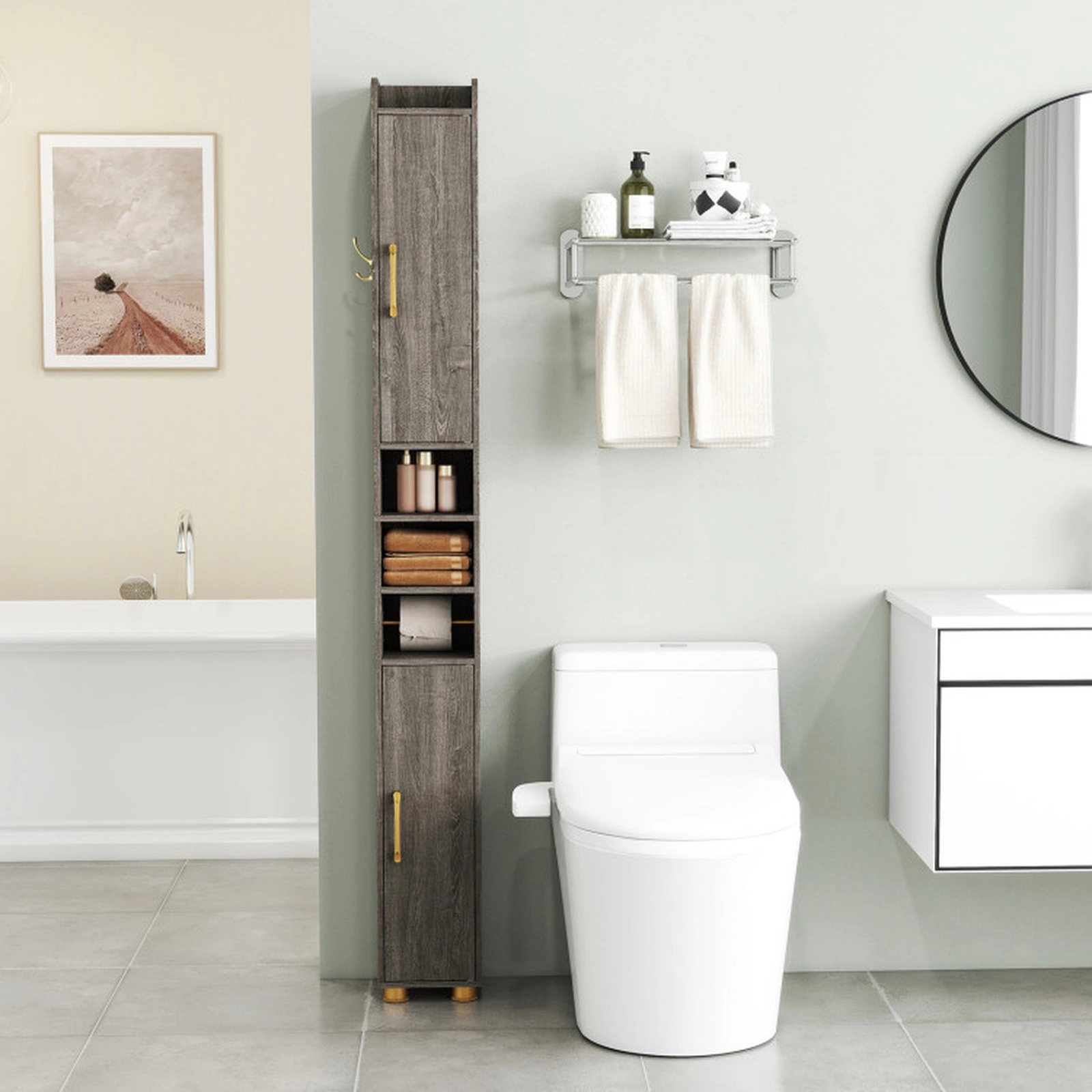 SUGIFT Narrow Bathroom Storage Cabinet with Open Shelves and Toilet Paper Holder 11-lb Shelves 4.5-lb Hook Gray