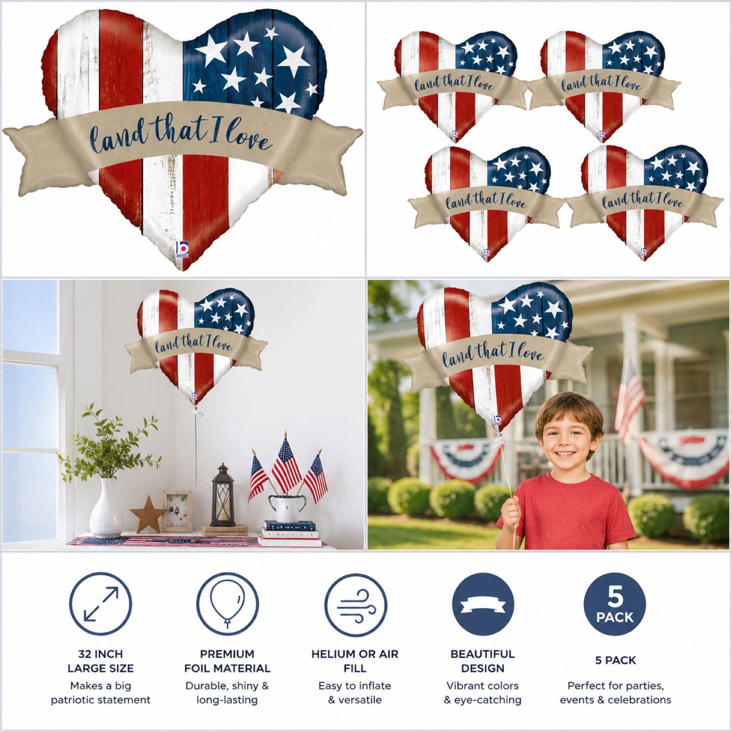 LoonBalloon 32-Inch Patriotic Foil Balloons, Red White Blue, 5-Pack