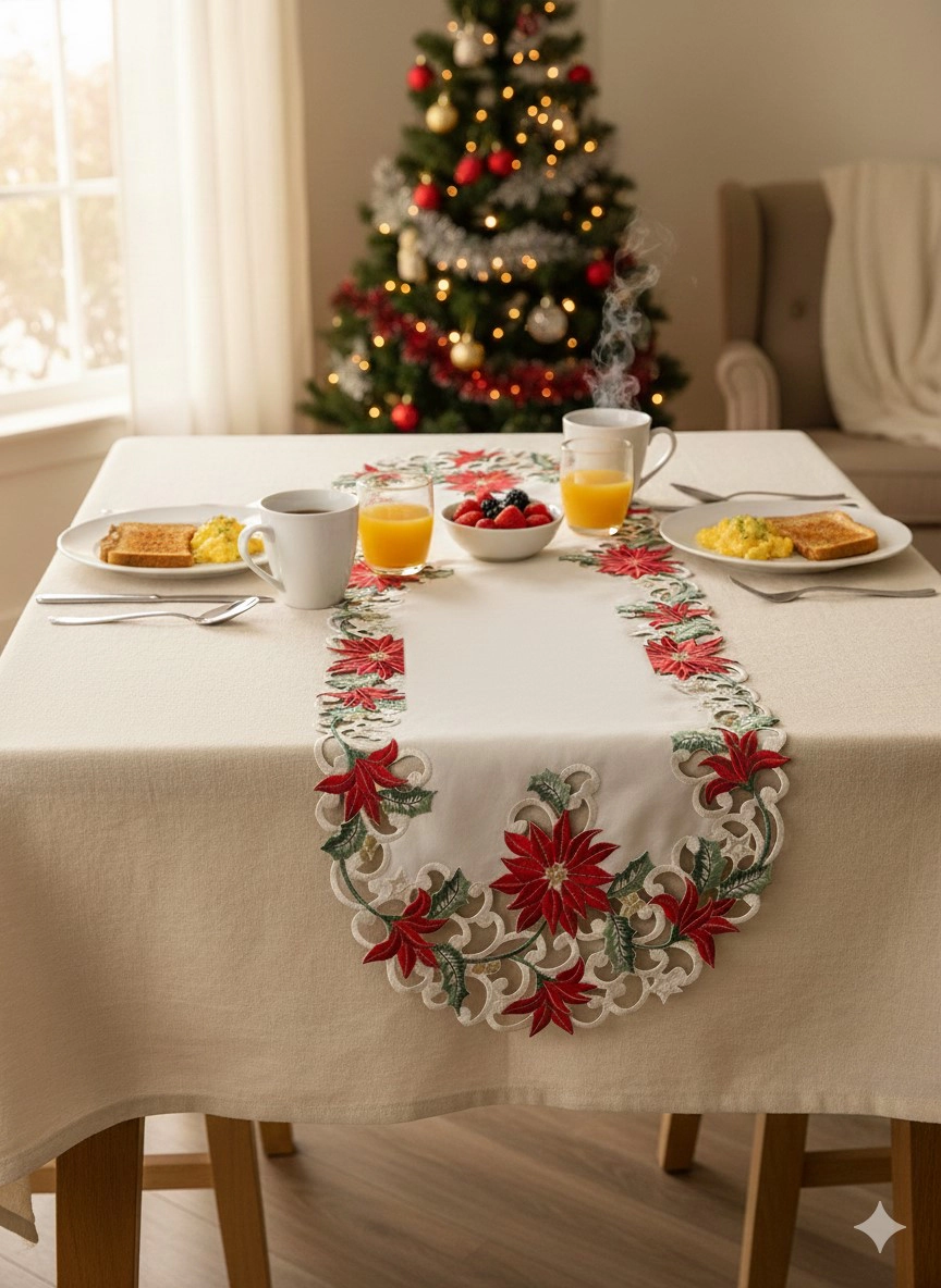 Jiallo Christmas Poinsettia Embroidered Cutwork Rectangular Table Runner, 15 by 70  inch