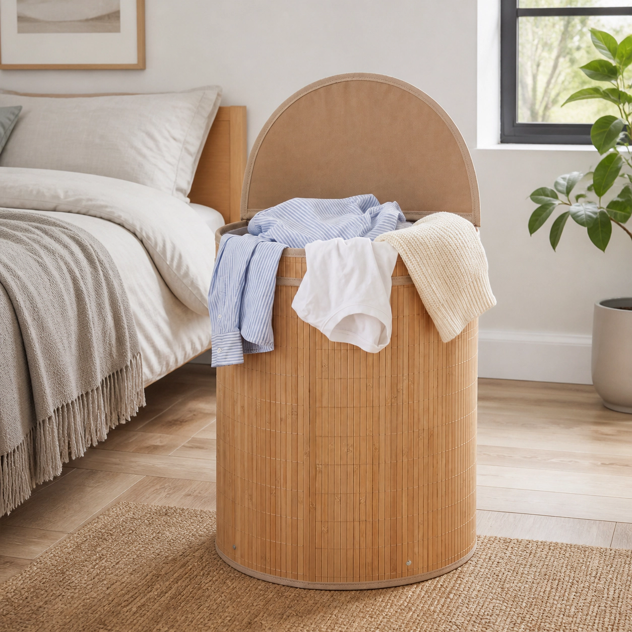SUGIFT Natural 19-gal Foldable Bamboo Laundry Hamper with Zippered Lid and Detachable Washable Liner