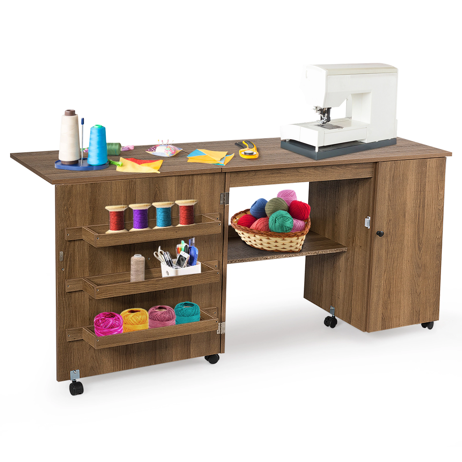 SUGIFT Folding Cabinet 3 Storage Bins Rolling Sewing Craft Table Desk 62.5-in x 20-in x 29-in Folds to 38.5-in Natural