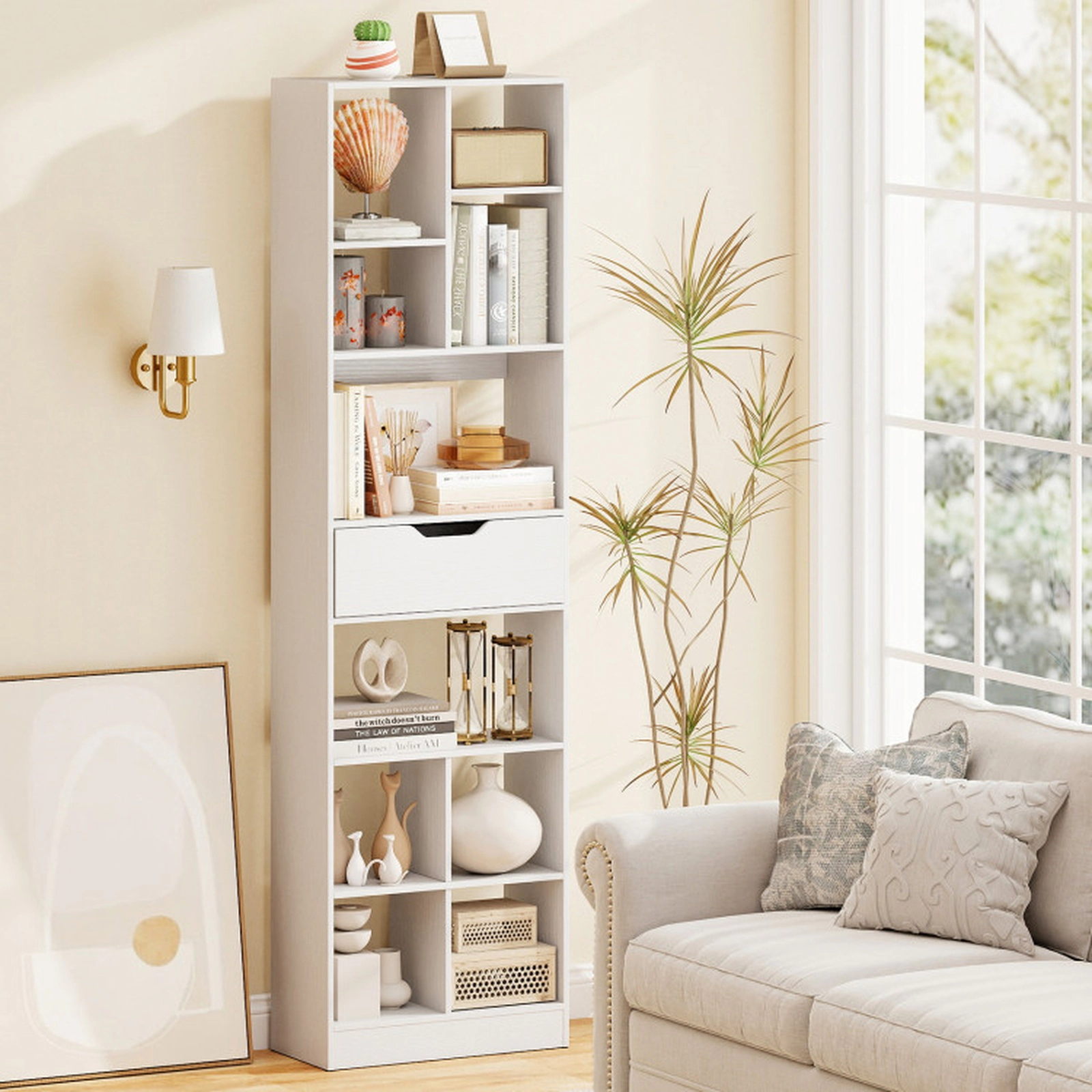 SUGIFT 10-Cube 205-lb Capacity White 71-in Tall Freestanding Bookshelf with Drawer Anti-Fall Guard