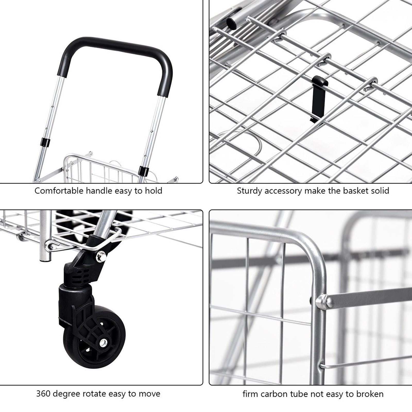 SUGIFT Folding Two-Basket Shopping Cart Rolling Trolley with Adjustable 35-37.5-in Handle 44-lb Capacity Black/Silver